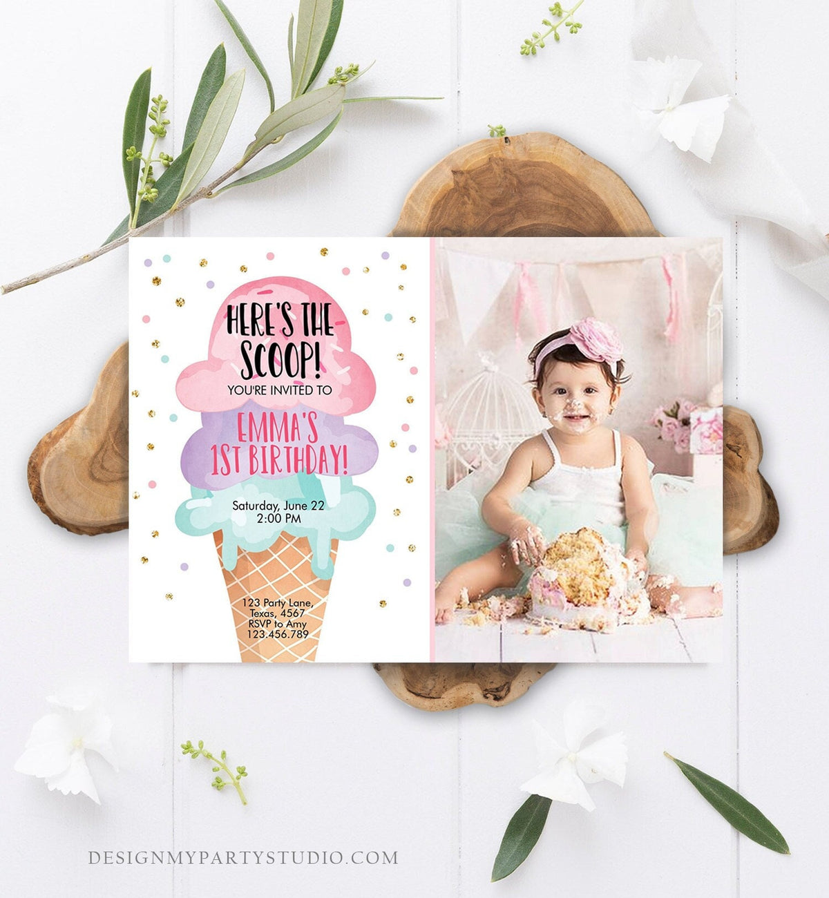 Editable Ice Cream Birthday Invitation First Birthday Party Here&amp;#39;s the Scoop Cone Pink Mint Gold Purple Corjl Template Printable 0243