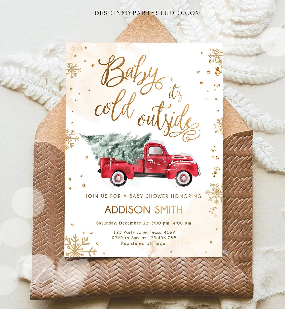 Editable Baby Its Cold Outside Baby Shower Invitation Winter Truck Red Gender Neutral Baby Shower Gold Tree Template Download Corjl 0495