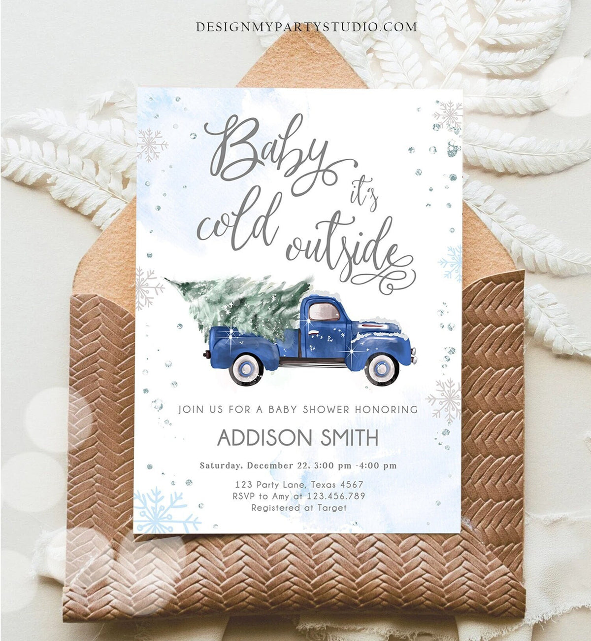 Editable Baby Its Cold Outside Baby Shower Invitation Winter Truck Blue Boy Baby Shower Silver Watercolor Tree Template Download Corjl 0495