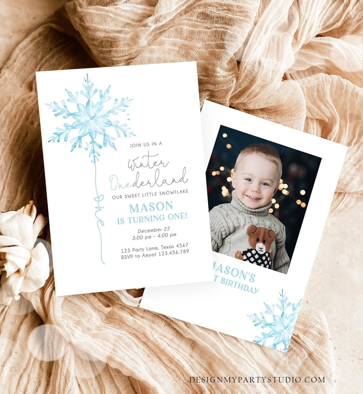 Editable Winter ONEderland Birthday Invitation First Birthday 1st Boy Blue Snowflake Watercolor Wonderland Minimalist Corjl Template 0494