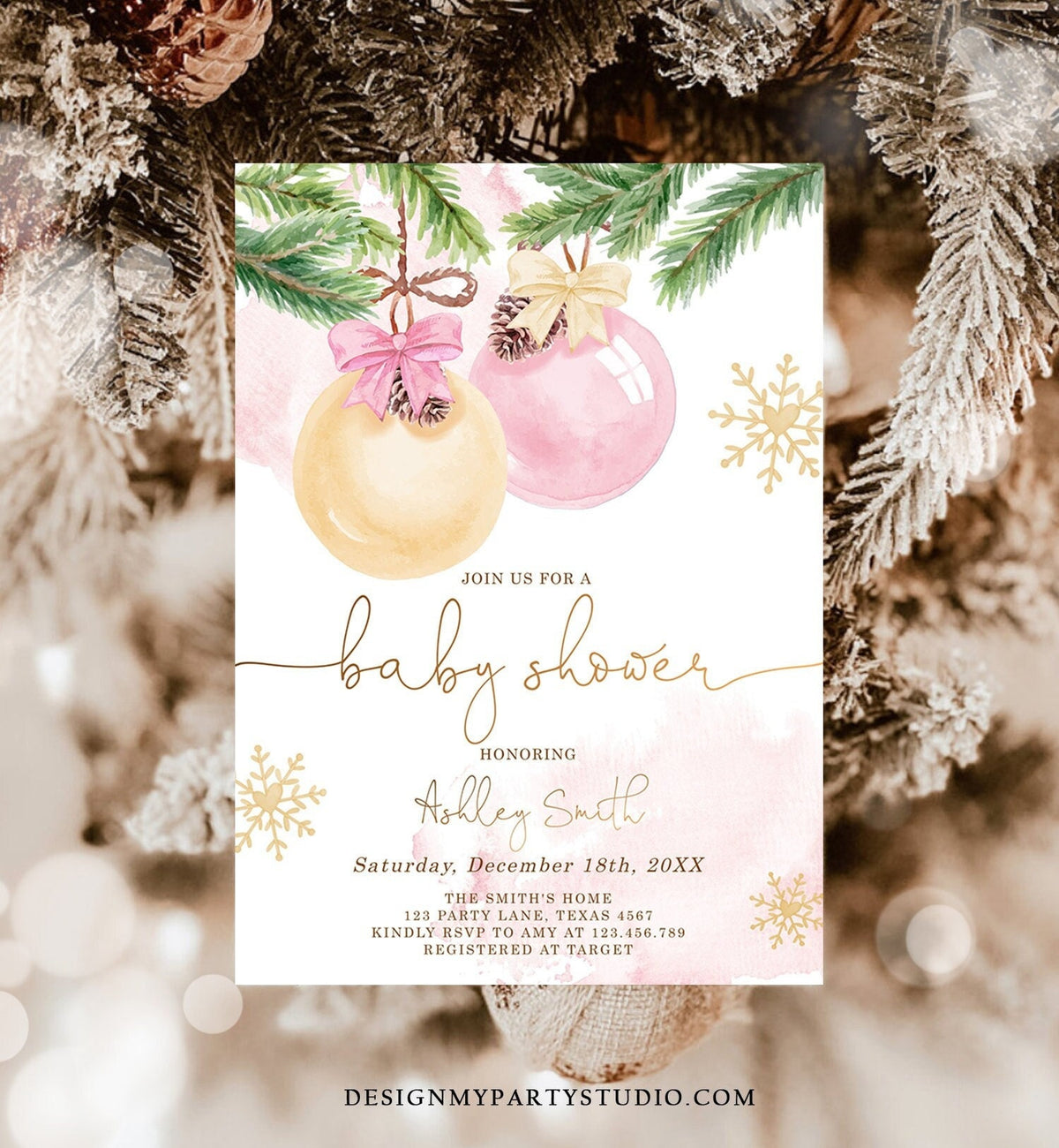 Editable Winter Baby Shower Invitation Baby It&#39;s Cold Outside Christmas Baby Shower Girl Blush Pink Watercolor Template Download Corjl 0490