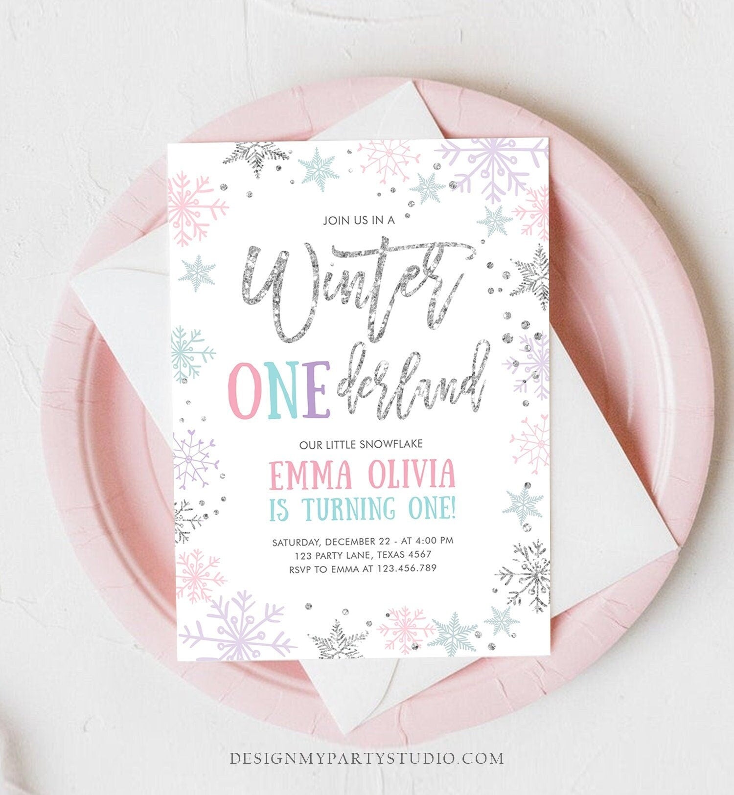 Editable Winter ONEderland Birthday Invitation First Birthday Snowflakes Pink Silver Purple Teal Ice Download Printable Template Corjl 0256