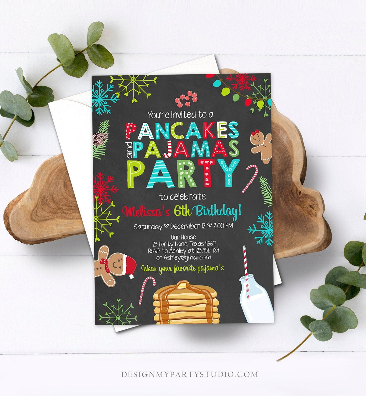 Editable Christmas Pancakes and Pajamas Birthday Invitation Pancake Gingerbread Milk Party Download Printable Corjl Template Digital 0271