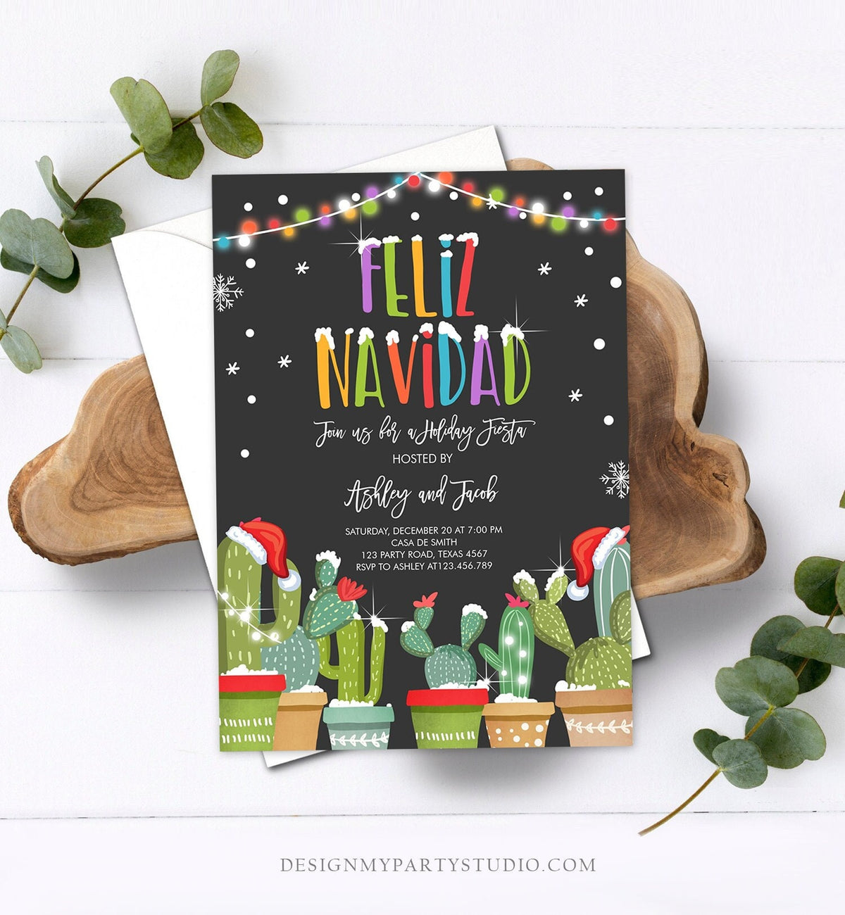 Editable Feliz Navidad Christmas Fiesta Invitation Cactus Mexican Holiday Fiesta Xmas Party Download Corjl Template Printable 0273