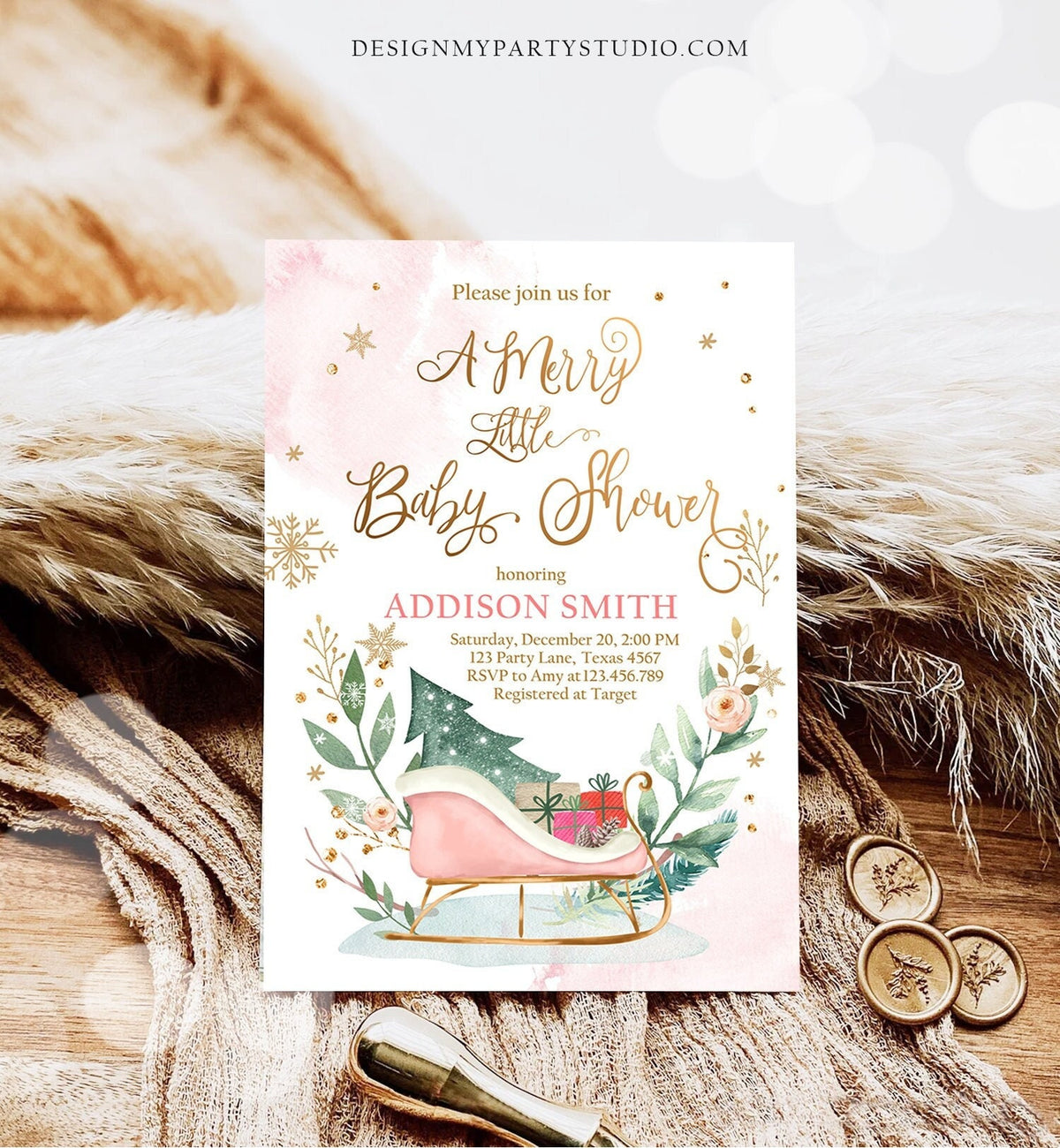 Editable Winter Baby Shower Invitation Pink Girl Christmas Merry Little Baby Shower Sleigh Watercolor Template Instant Download Corjl 0353