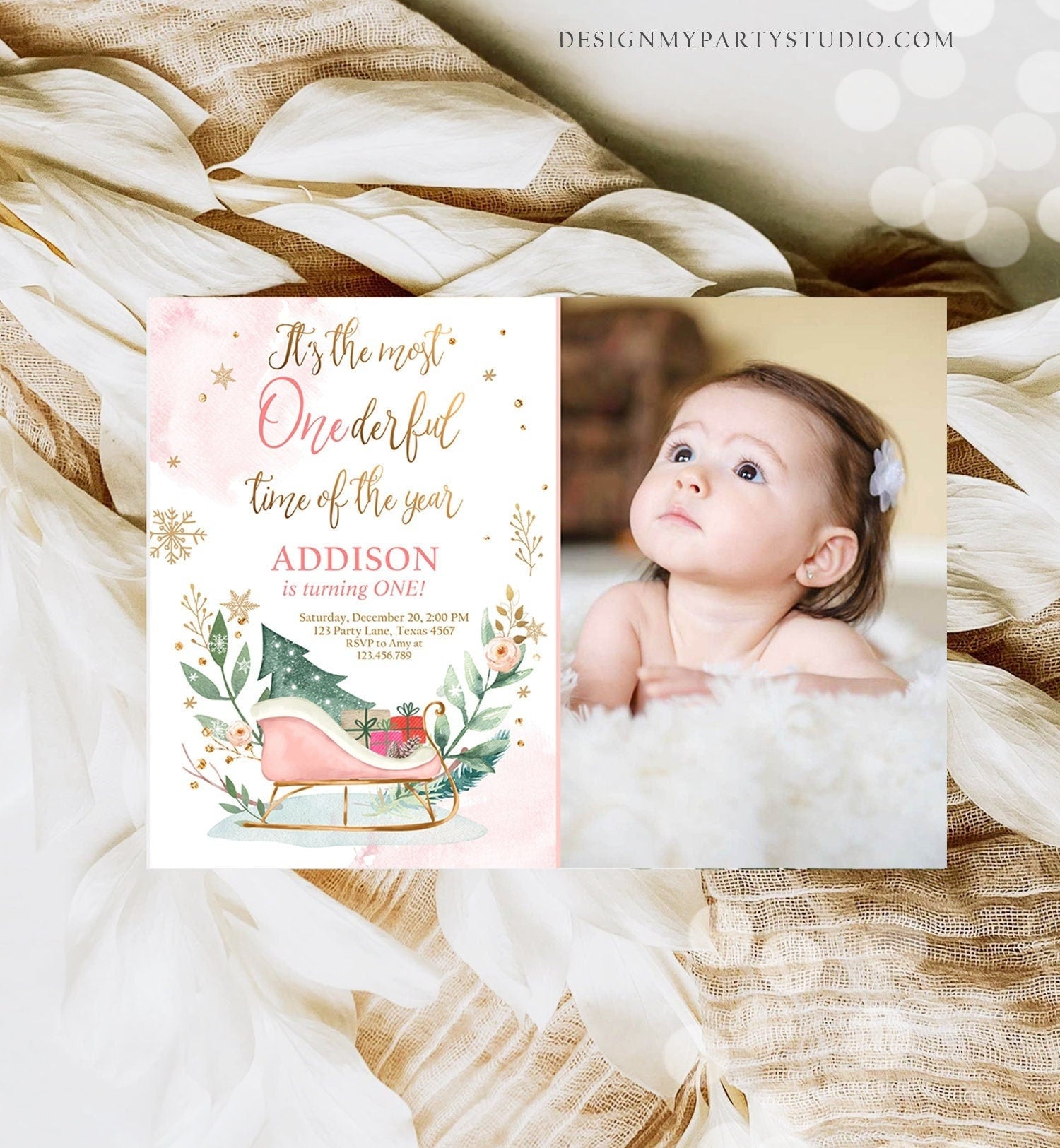 Editable Most Onederful Time of The Year 1st Birthday Invitation Winter Christmas Party Sleigh Trees Girl Pink Printable Template DIY 0353