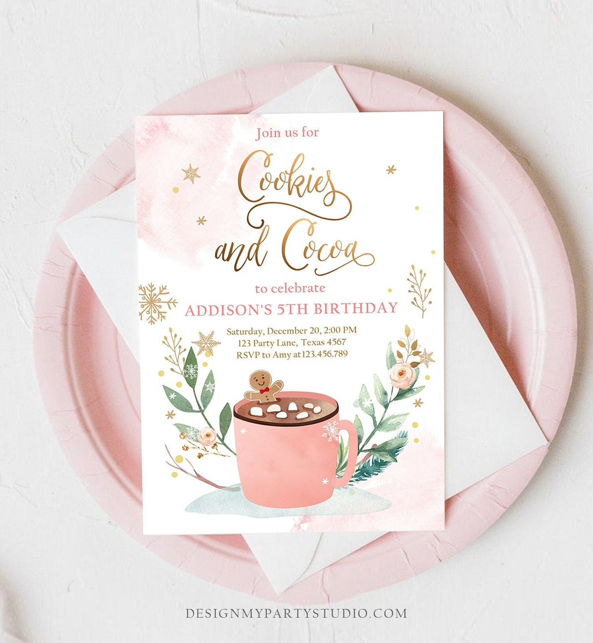 Editable Cookies and Cocoa Invitation Hot Cocoa Party Hot Chocolate Christmas Birthday Girl Pink Gold Download Printable Template Corjl 0353