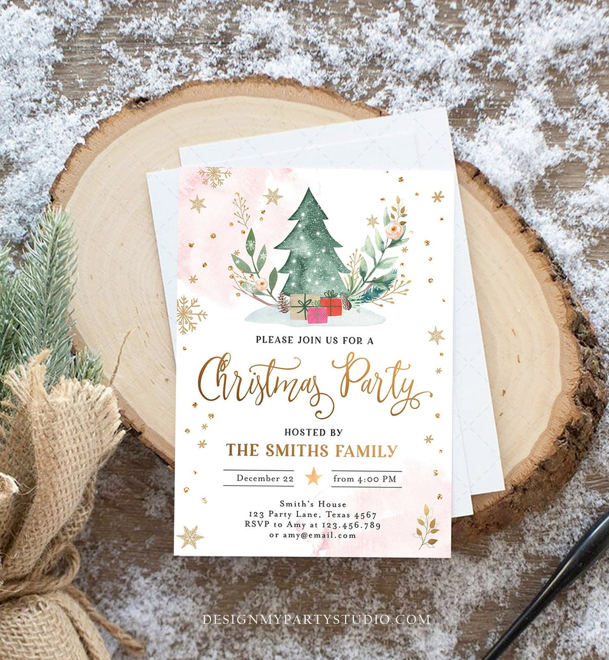 Editable Christmas Party Invitation Holiday Company It&#39;s Cold Outside Business Family Pink Gold Tree Corjl Template Download Printable 0353