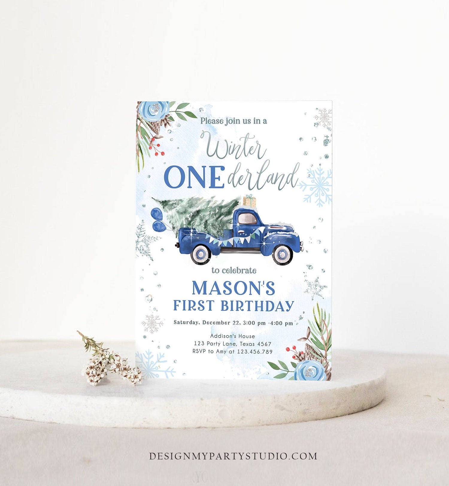 Editable Winter Onederland Winter First Birthday Invitation 1st Winter Blue Boy Silver Floral Truck Christmas Printable Template DIY 0356