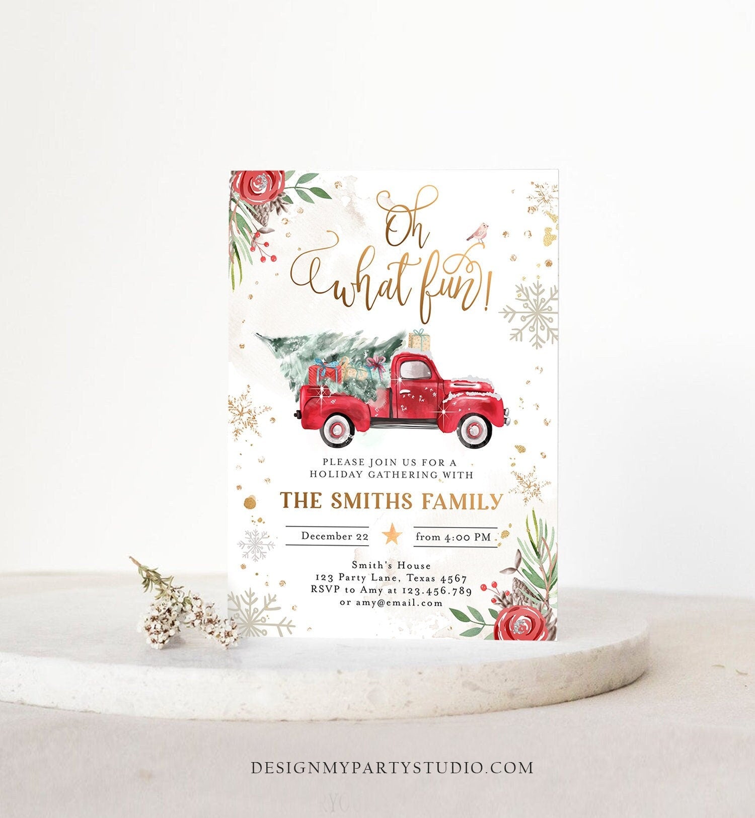 Editable Oh What Fun! Holiday Party Christmas Party Invitation Red Truck Tree Winter Birthday Personalized Printable Template Corjl 0356