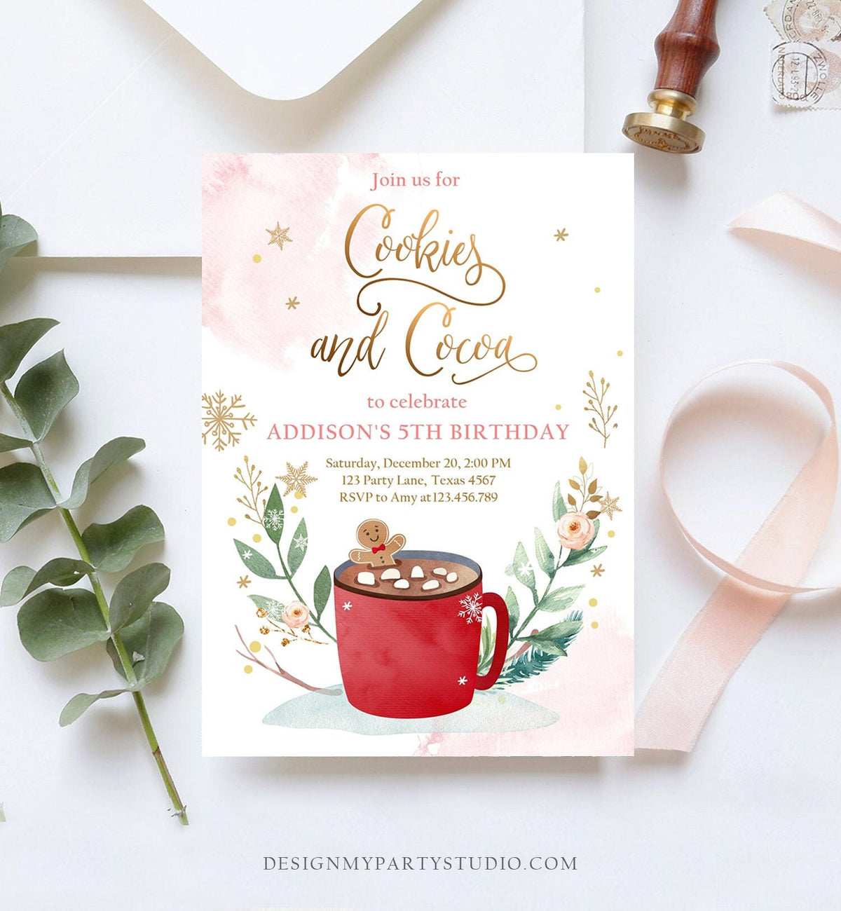 Editable Cookies and Cocoa Invitation Hot Cocoa Party Hot Chocolate Christmas Birthday Girl Pink Gold Download Printable Template Corjl 0353