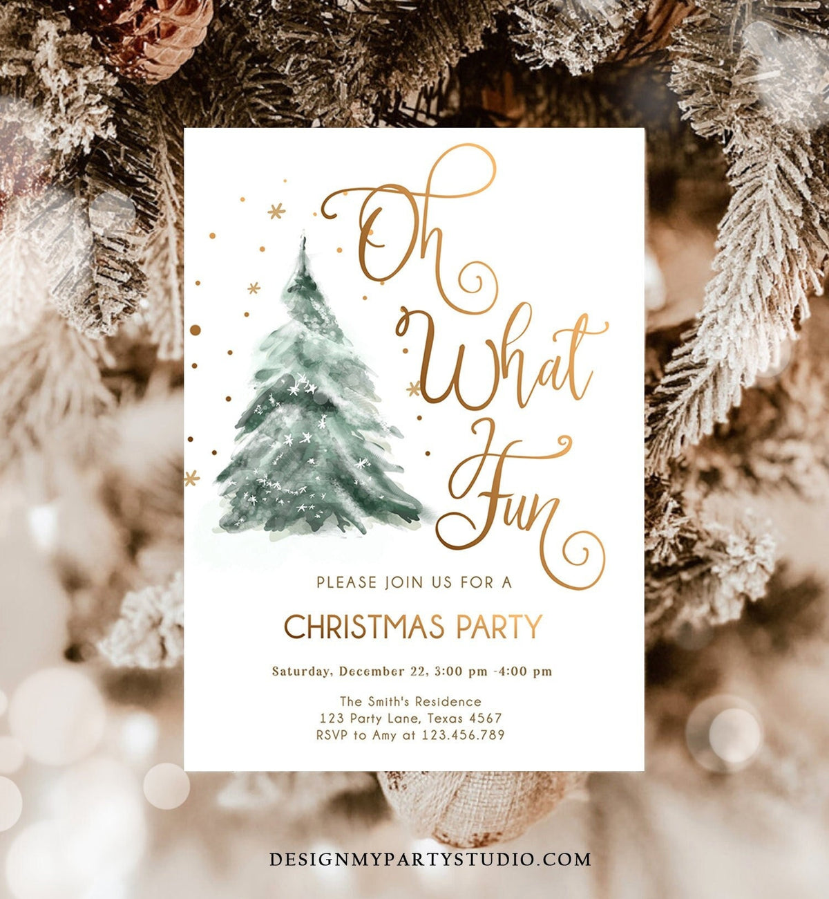 Editable Christmas Party Invitation Winter Tree Oh What Fun Invite Holiday Party Birthday Invite Corjl Template Download Printable 0363