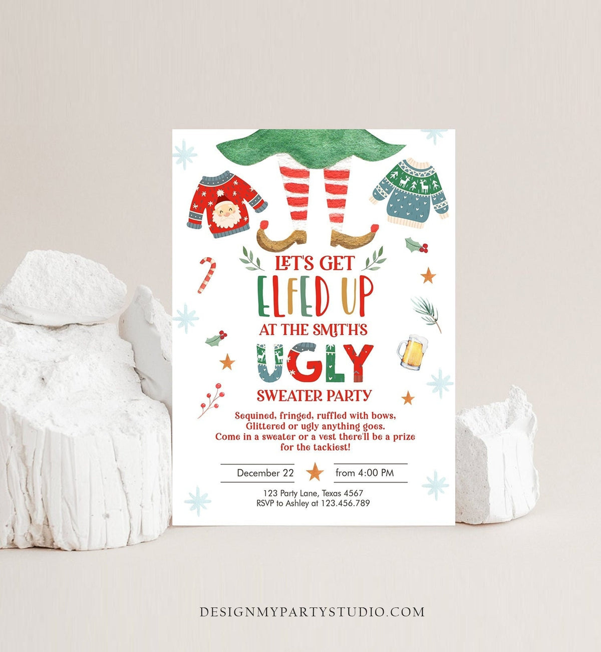 Editable Let&#39;s Get Elfed Up Christmas Party Invitation Framily Holiday Ugly Sweater Digital Evite Elf Corjl Template Printable 0354