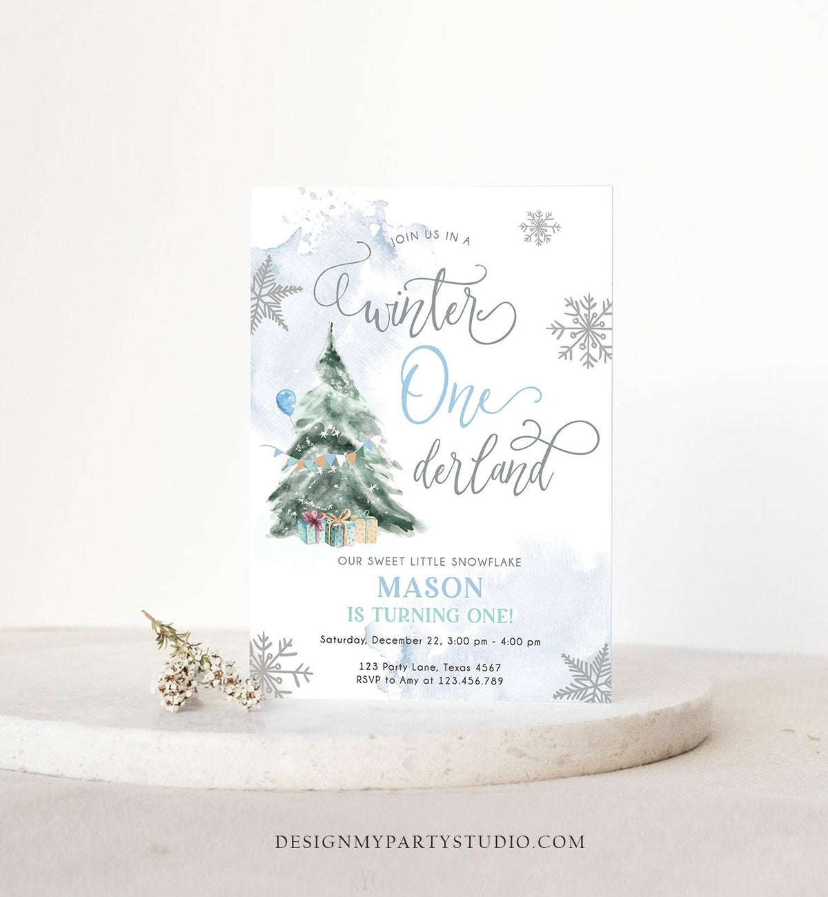 Editable Winter ONEderland Birthday Invitation First Birthday 1st Boy Blue Grey Snow Watercolor Tree Christmas Snowflake Corjl Template 0363