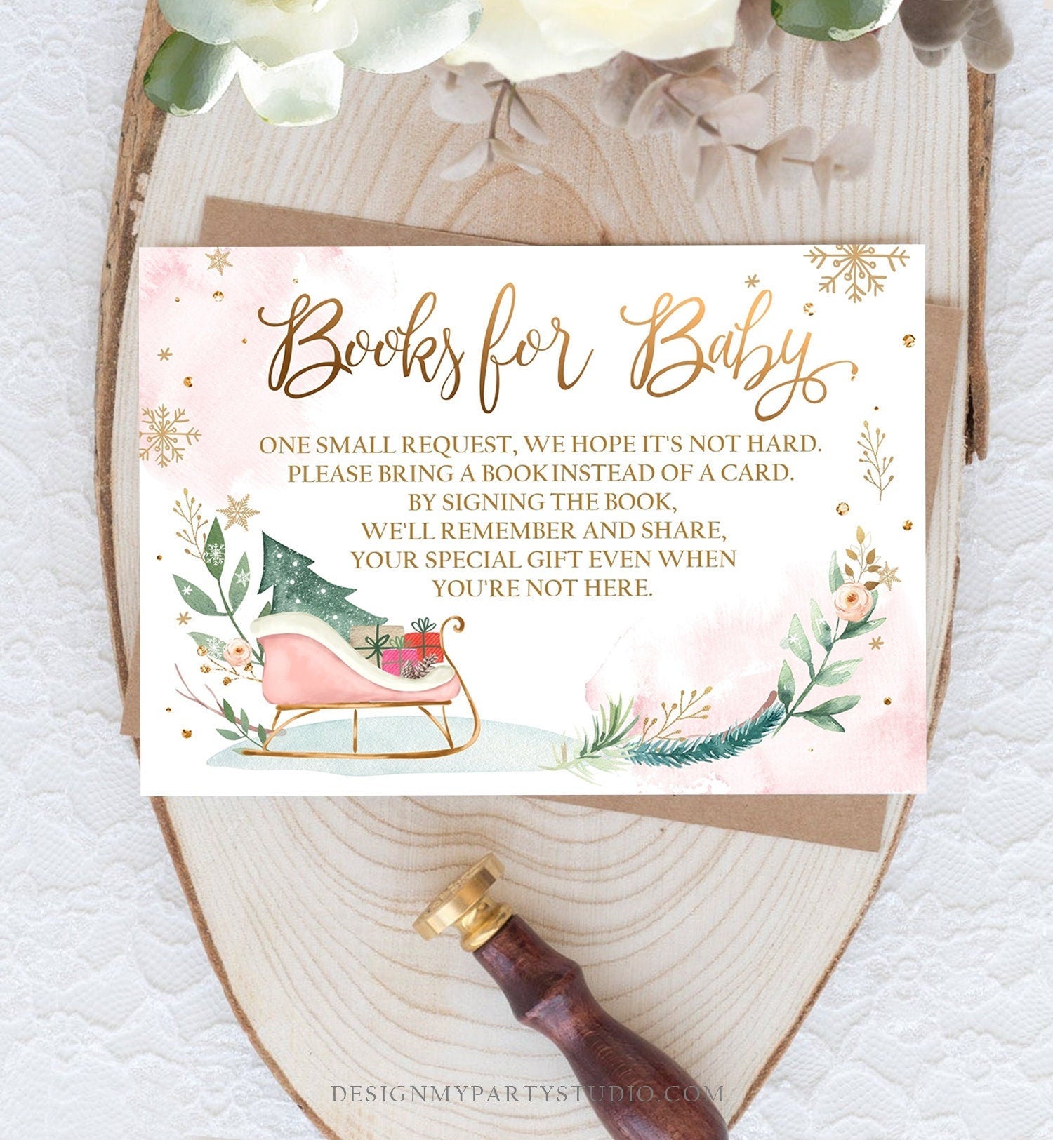 Editable Baby Its Cold Outside Bring a Book Card Winter Baby Shower Books for Baby Insert Gender Neutral Sleigh Template Download Corjl 0353