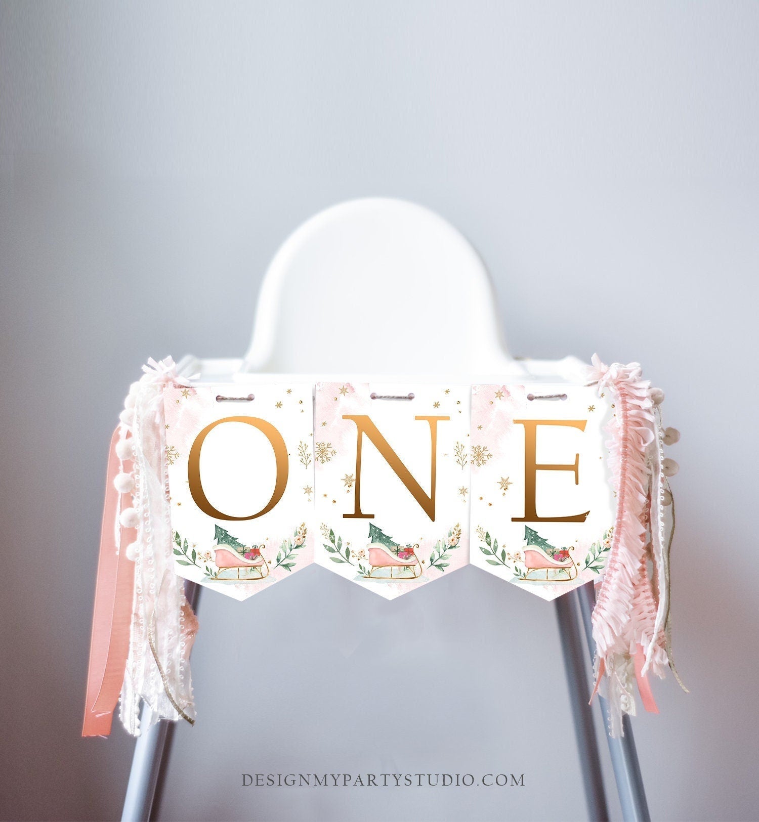 One High Chair Banner Winter Onederland Girl 1st First Birthday Pink Christmas Birthday Oh What Fun ONE Sleigh Decor PRINTABLE Digital 0353