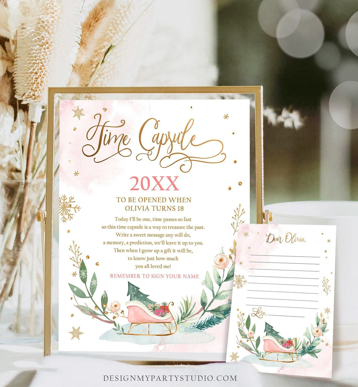 Editable Winter Sleigh Time Capsule Winter Onederland First Birthday Party Girl Christmas One Pink Gold Guestbook Template Printable 0353