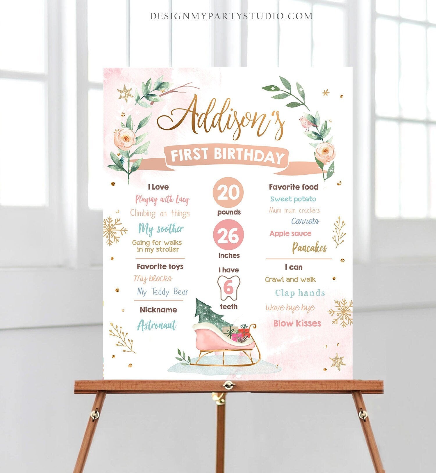 Editable Winter Sleigh Birthday Milestones Sign Girl First Birthday 1st Birthday Little Snowflake Onederland Corjl Template Printable 0353