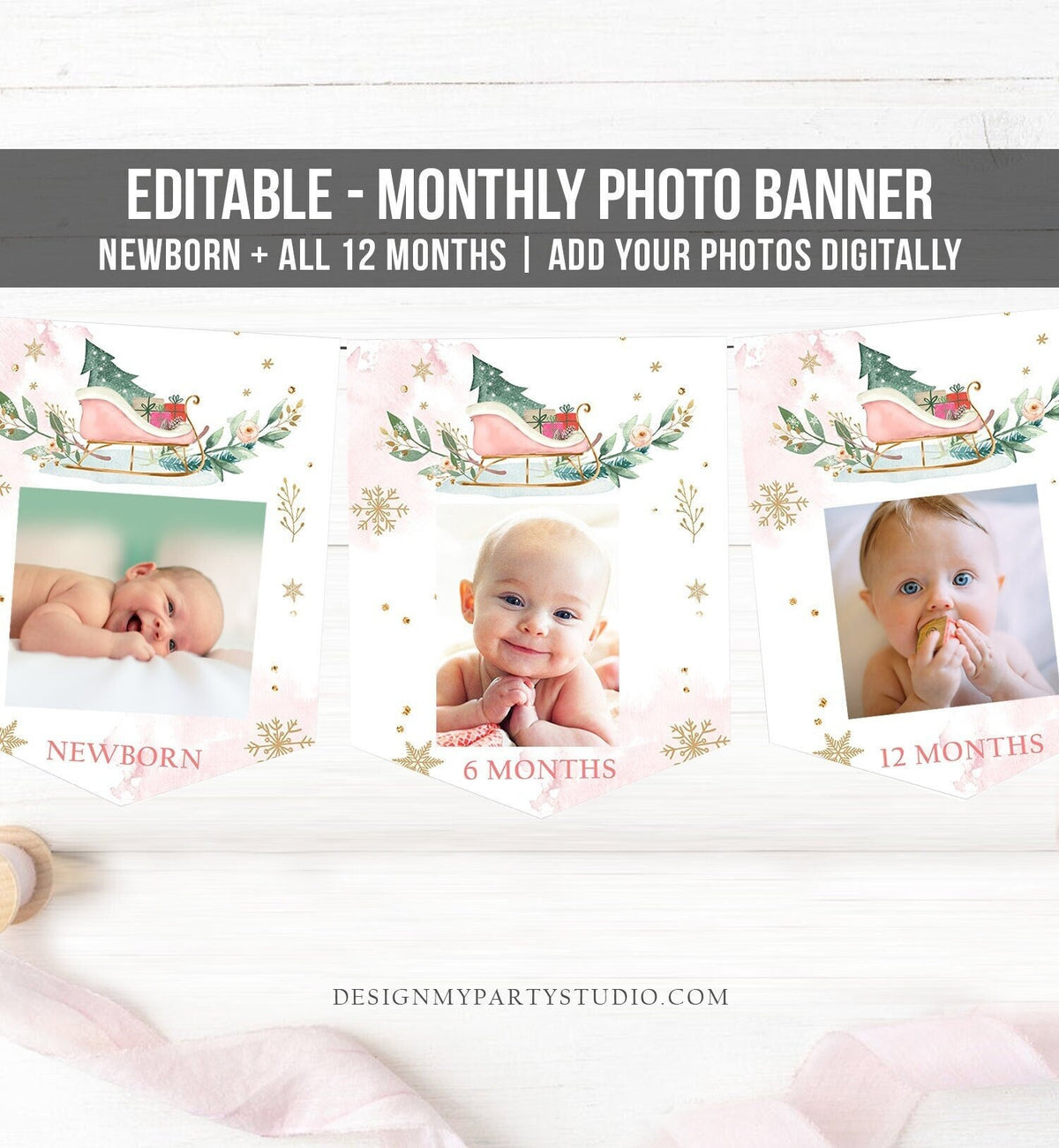 Editable Winter Onederland First Birthday Banner Monthly Photo Banner 1st Winter Birthday Sleigh Pink Girl Corjl Template Printable 0353