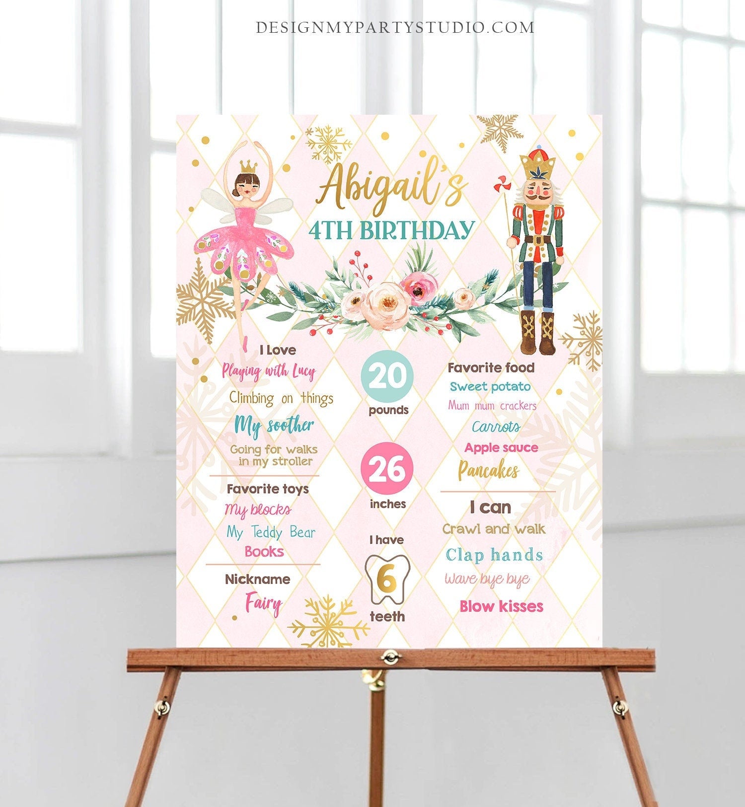 Editable Nutcracker Birthday Milestones Sign Girl First Birthday 1st Birthday Land of Sweets Milestone Board Corjl Template Printable 0352