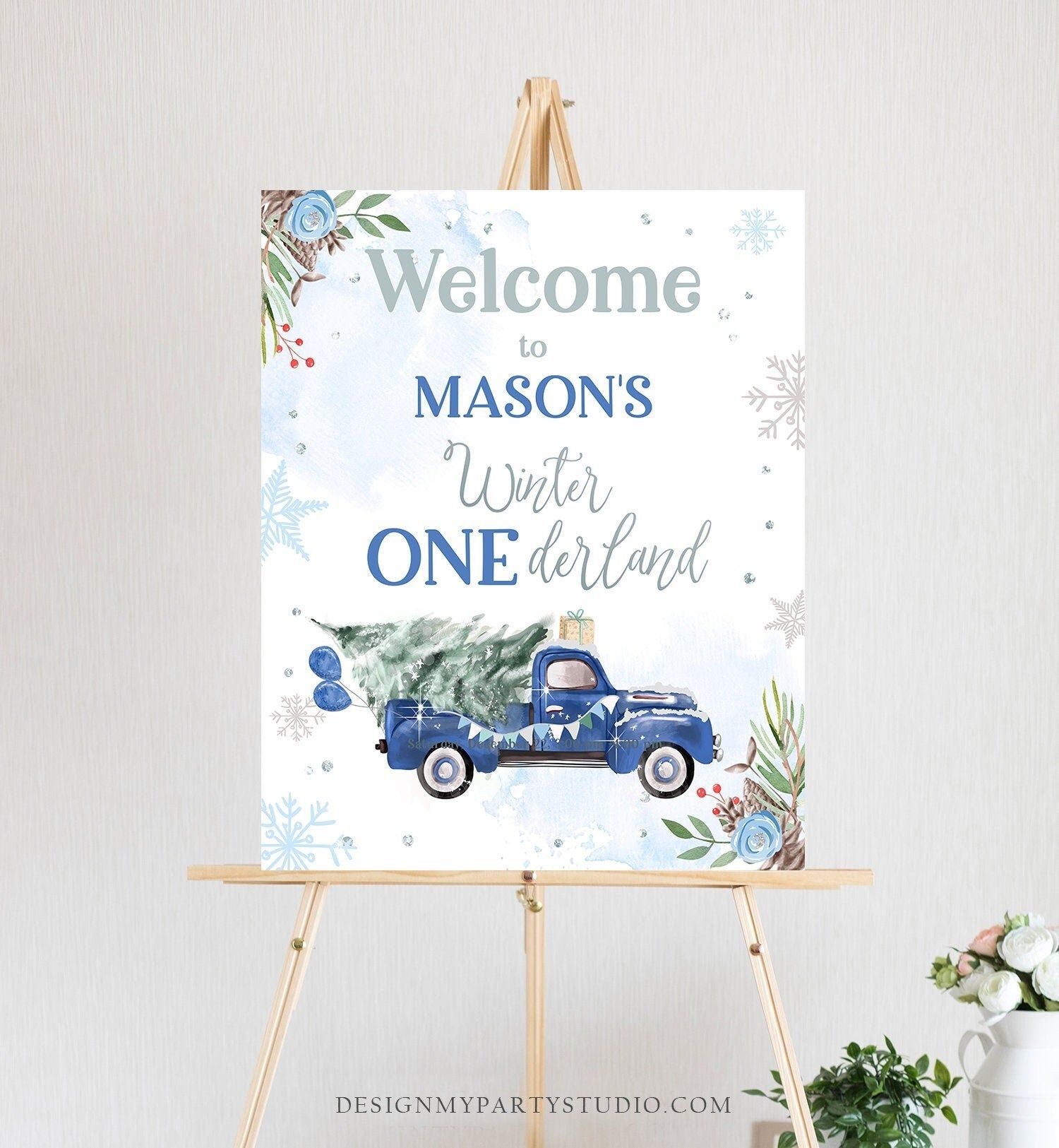 Editable Winter Onederland Welcome Sign Tree Blue Boy Silver First Birthday Snowflake Wonderland Truck Tree Corjl Template Printable 0356