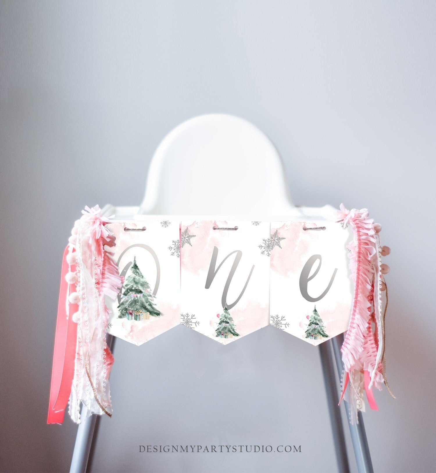 One High Chair Banner Winter Onederland Girl 1st First Birthday Pink Christmas Birthday Oh What Fun ONE Tree Decor PRINTABLE Digital 0363