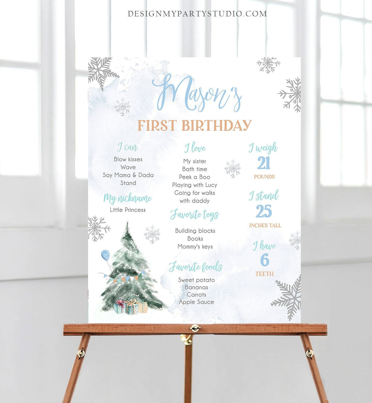 Editable Winter Tree Birthday Milestones Sign Winter Onederland Watercolor First Birthday Blue Boy Snowflakes Corjl Template Printable 0363