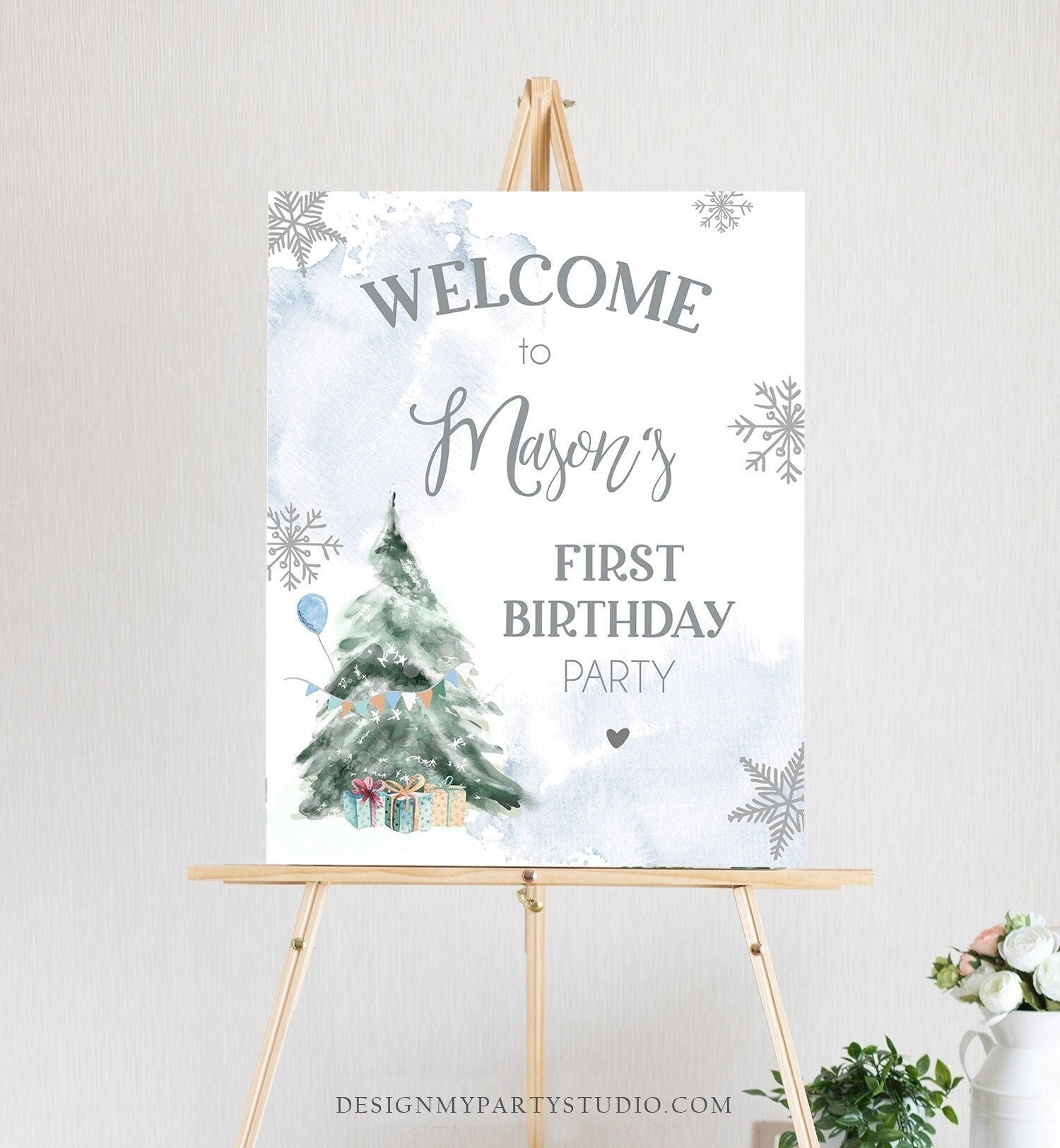 Editable Winter Onederland Welcome Sign Tree Watercolor First Birthday Boy Blue Snowflake Wonderland Corjl Template Printable 0363