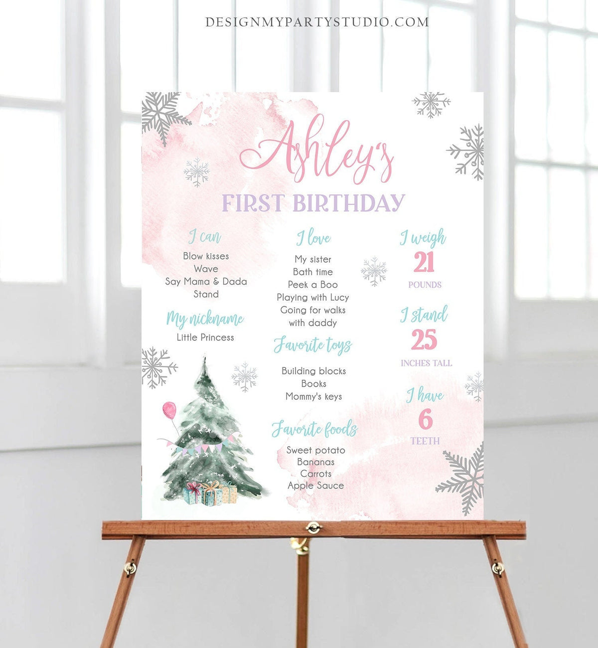 Editable Winter Tree Birthday Milestones Sign Winter Onederland Watercolor First Birthday Girl Pink Snowflakes Corjl Template Printable 0363