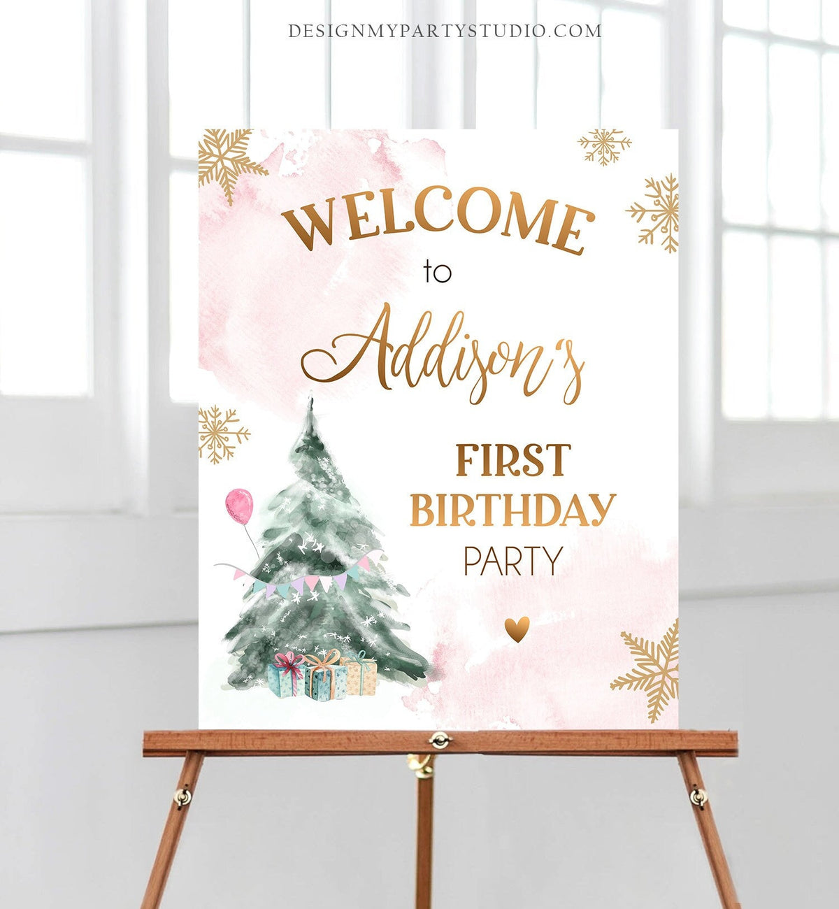 Editable Winter Onederland Welcome Sign Tree Watercolor First Birthday Girl Pink Snowflake Wonderland Corjl Template Printable 0363