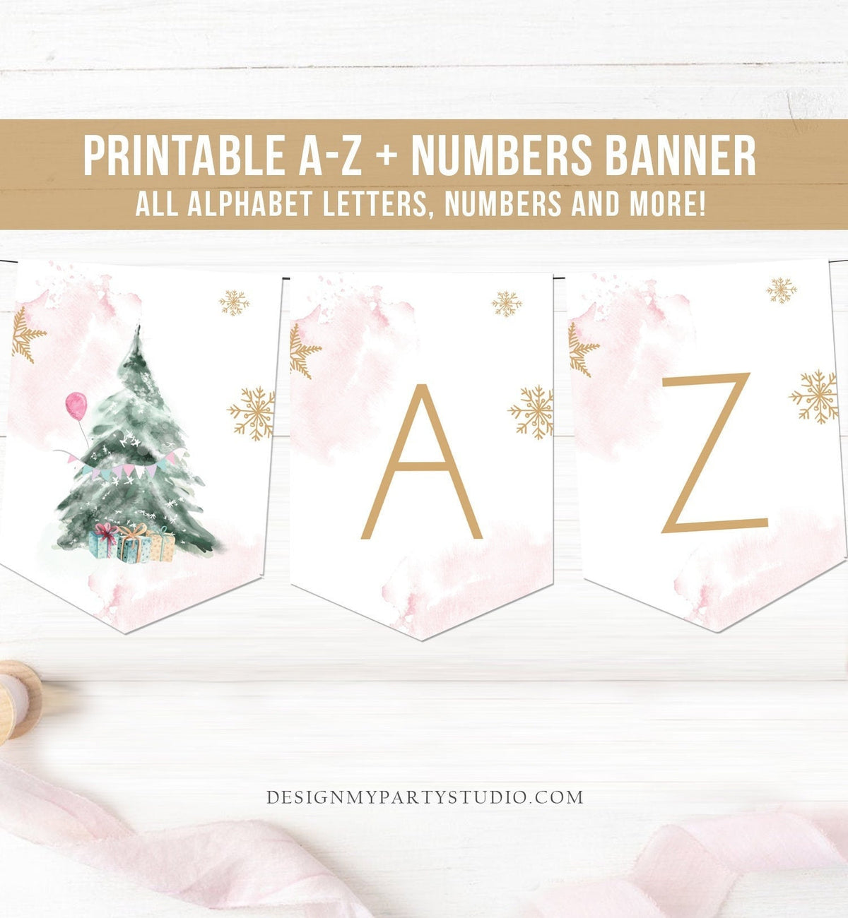 Winter Tree Alphabet Banner A-Z Numbers Banner Winter Onederland Christmas Birthday Pink Gold Baby Shower Wonderland Decor Printable 0363