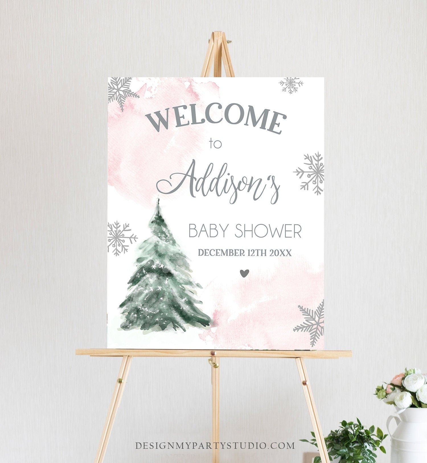 Editable Winter Tree Welcome Sign Tree Watercolor Baby Shower Girl Pink Little Snowflake on the Way Wonderland Corjl Template Printable 0363