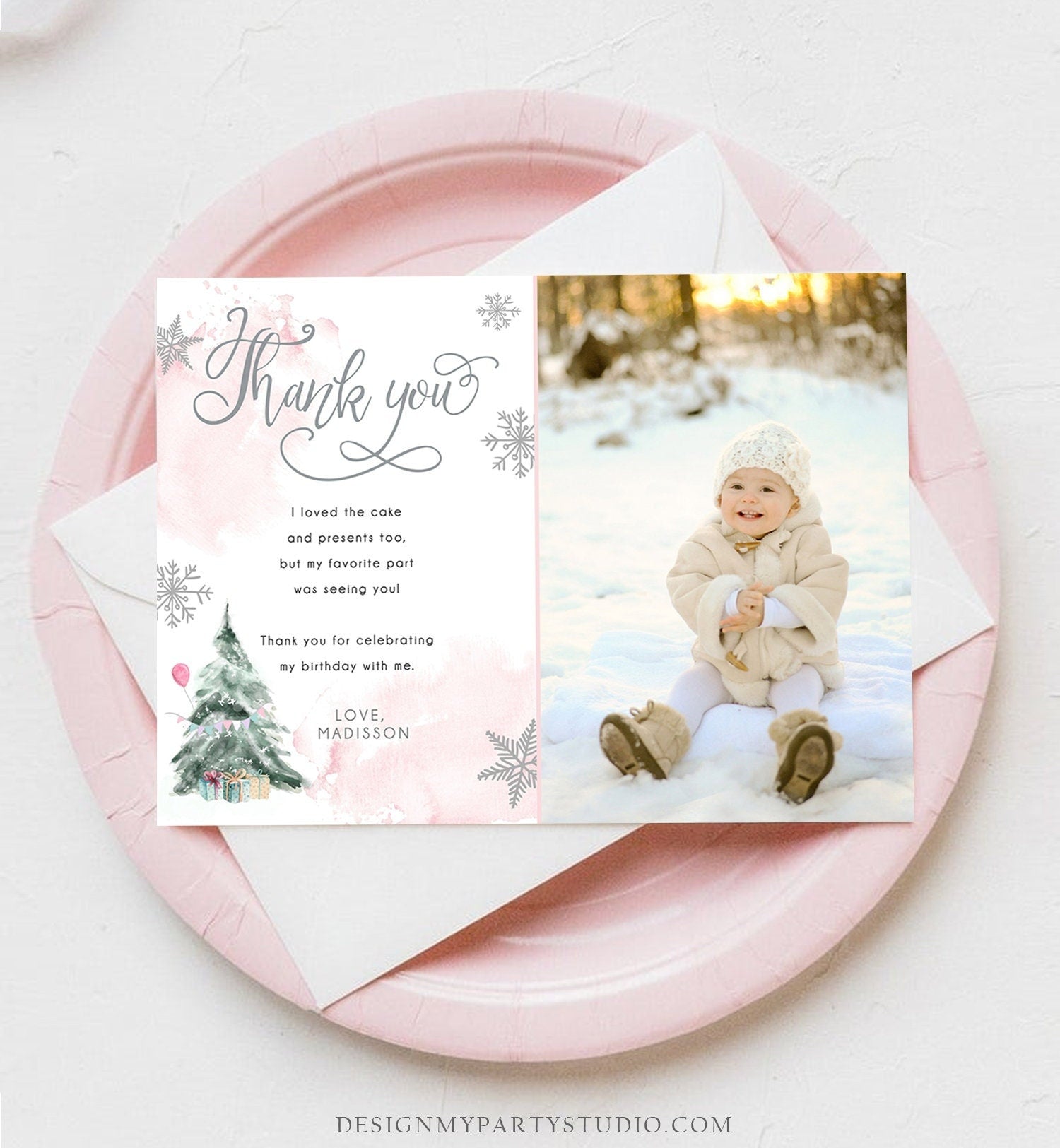 Editable Winter Tree Thank You Card Watercolor Birthday Winter Onederland Pink Girl Christmas Snow Snowflake Template Download Corjl 0363