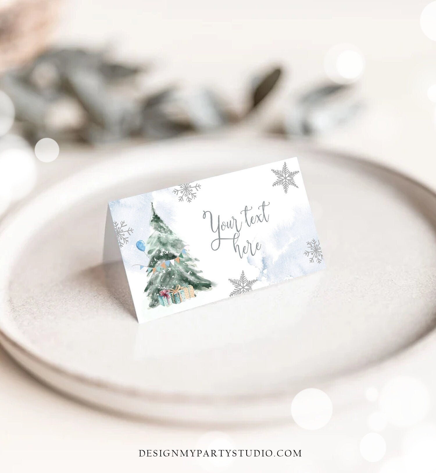 Editable Winter Onederland Birthday Food Tent Cards Winter Tree Labels Boy Christmas Party Place Cards Snow Printable Template Corjl 0363