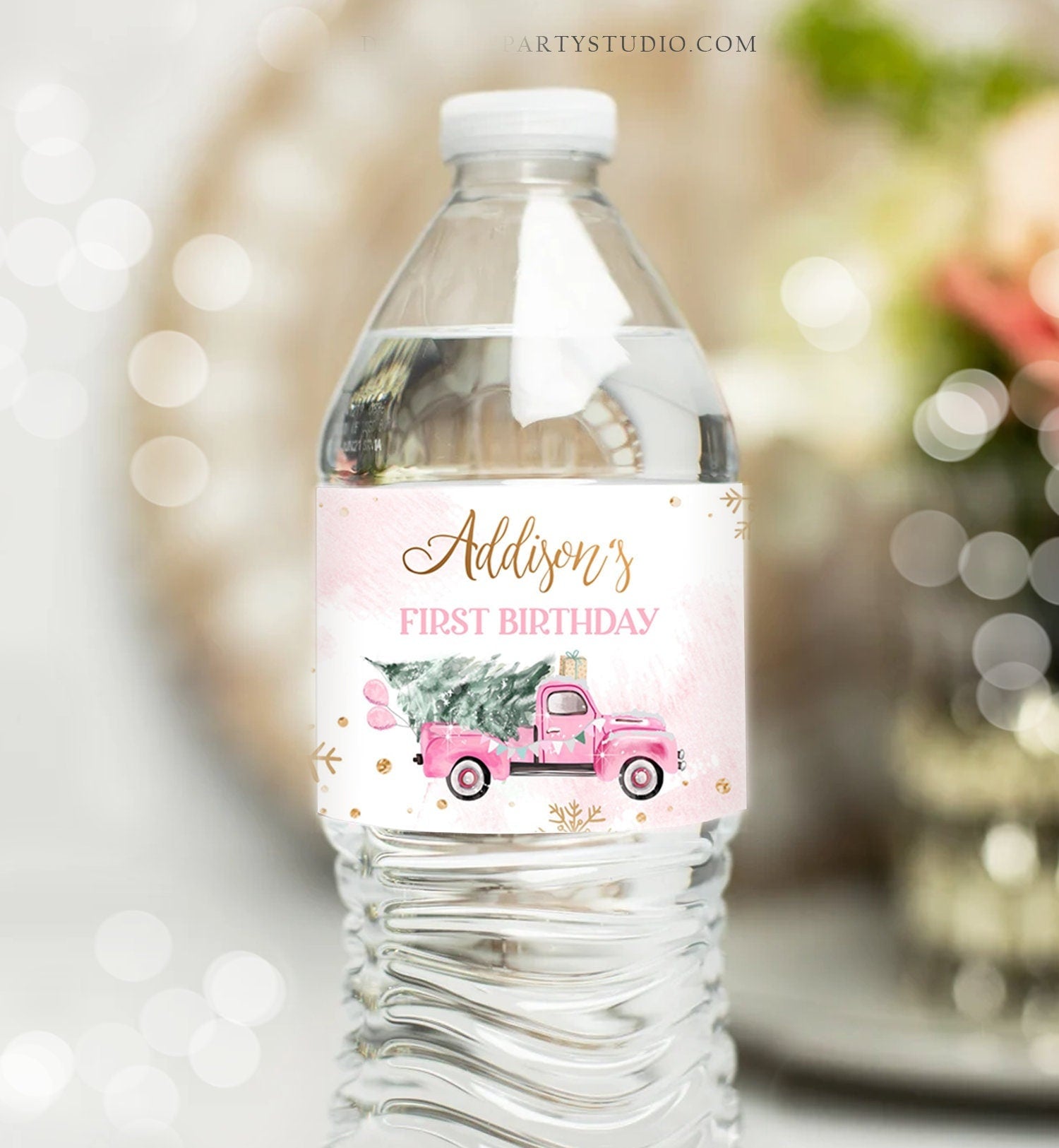 Editable Winter Truck Water Bottle Labels Winter Onederland Party Decor Girl First 1st Birthday Pink Truck Christmas Printable Template 0495