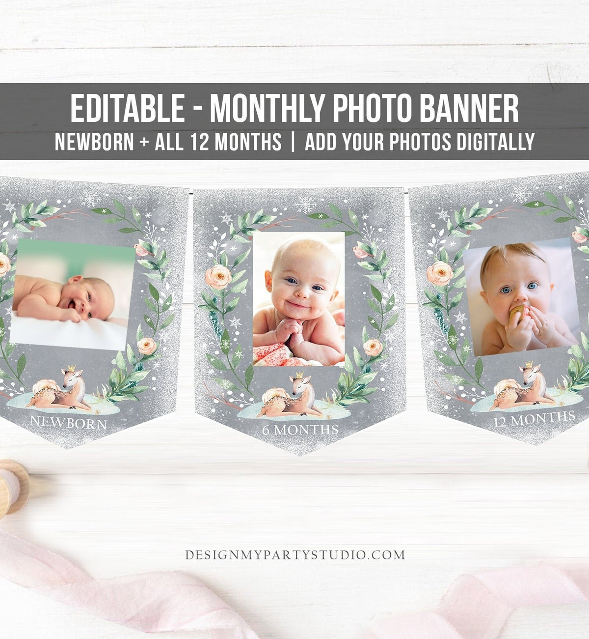 Editable Winter Onederland Deer First Birthday Banner Monthly Photo Banner Girl Pink Floral Winter 1st Snow Download PRINTABLE Corjl 0265