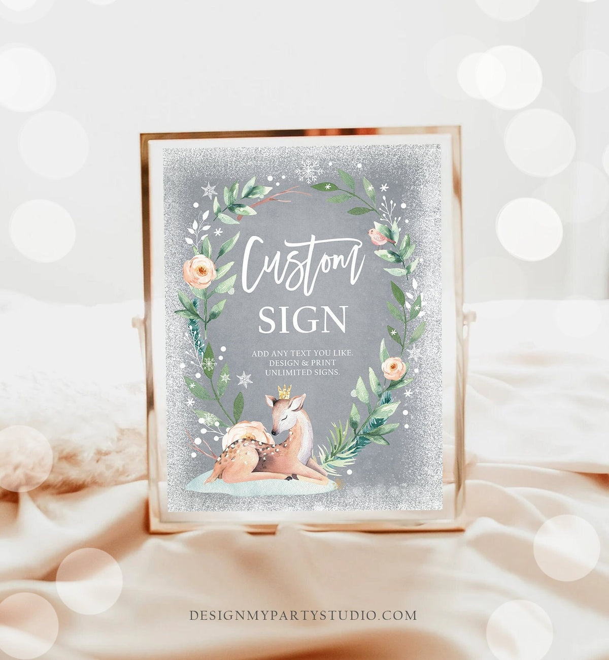 Editable Custom Sign Winter Deer First Birthday Baby Shower Sign Winter Onederland Cold Outside Pink Gold 8x10 Download PRINTABLE 0265