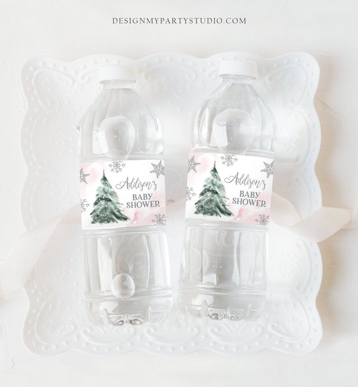 Editable Winter Baby Shower Water Bottle Labels Baby It's Cold Outside Girl Pink Silver Christmas Download Printable Template Corjl 0363