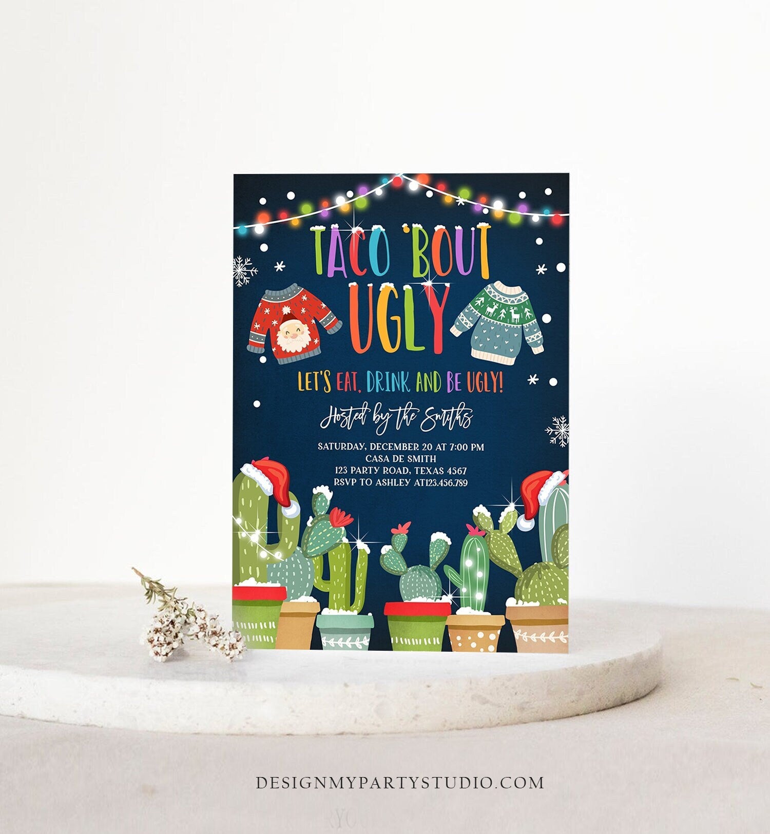 Editable Taco Bout Ugly Sweater Christmas Invitation Fiesta Cactus Mexican Holiday Feliz Navidad Digital Printable Corjl Template 0273