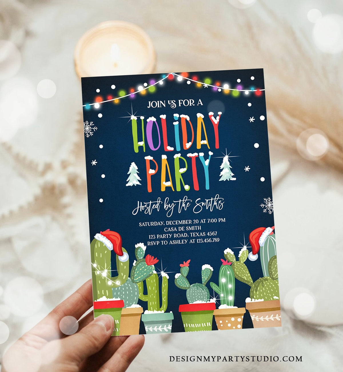 Editable Holiday Party Invitation Christmas Fiesta Cactus Mexican Holiday Feliz Navidad Xmas Party Digital Printable Corjl Template 0273