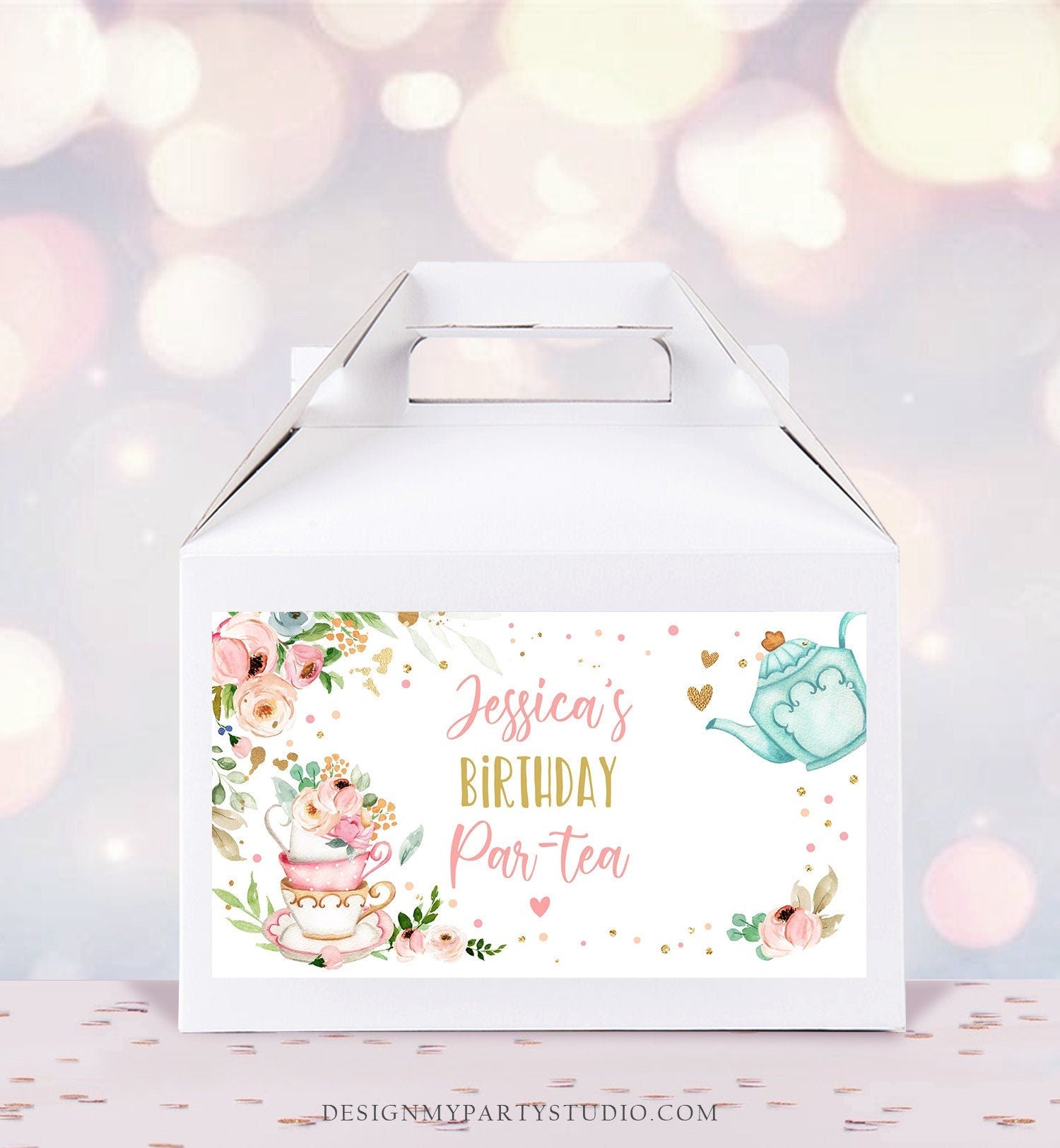 Editable Tea Party Gable Gift Box Label Tea Birthday Par-tea Girl Treat Box Label Floral Pink Favor Download Printable Digital Corjl 0349