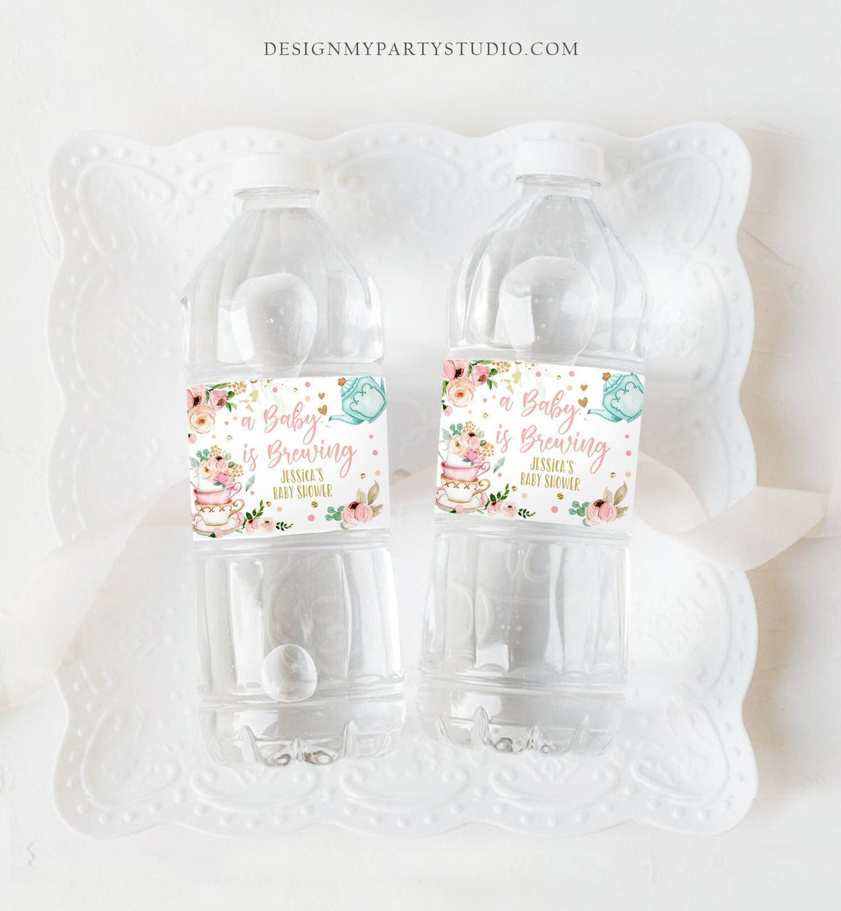 Editable Water Bottle Labels Tea Baby Shower Girl A Baby is Brewing Flowers Pink Gold Tea Shower Printable Bottle Labels Template Corjl 0349