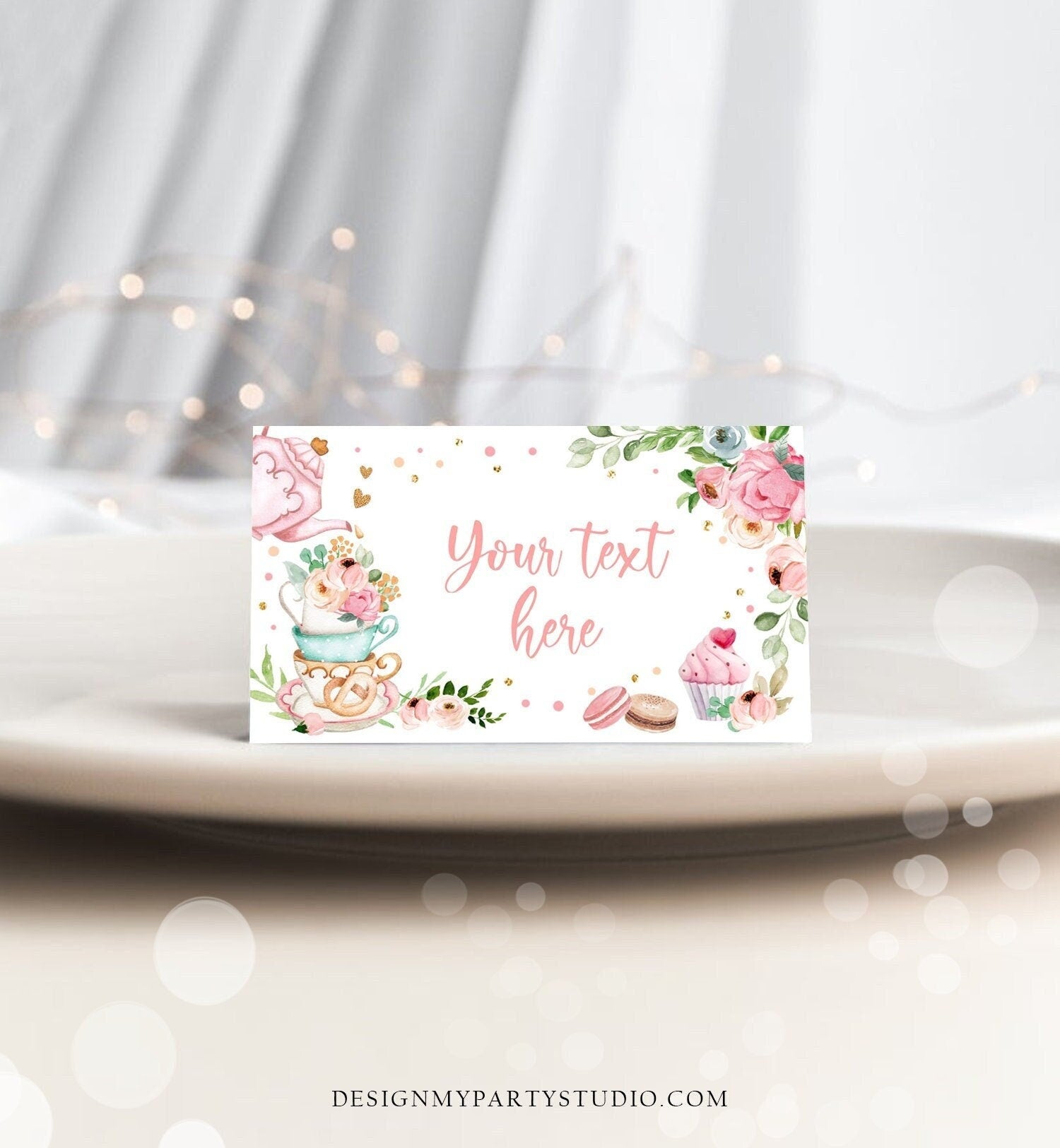 Editable Tea Party Food Label Tea Place Card Tent Card Escort Card Par-Tea Tea for Two Decor Girl Floral Pink Printable Corjl Template 0349