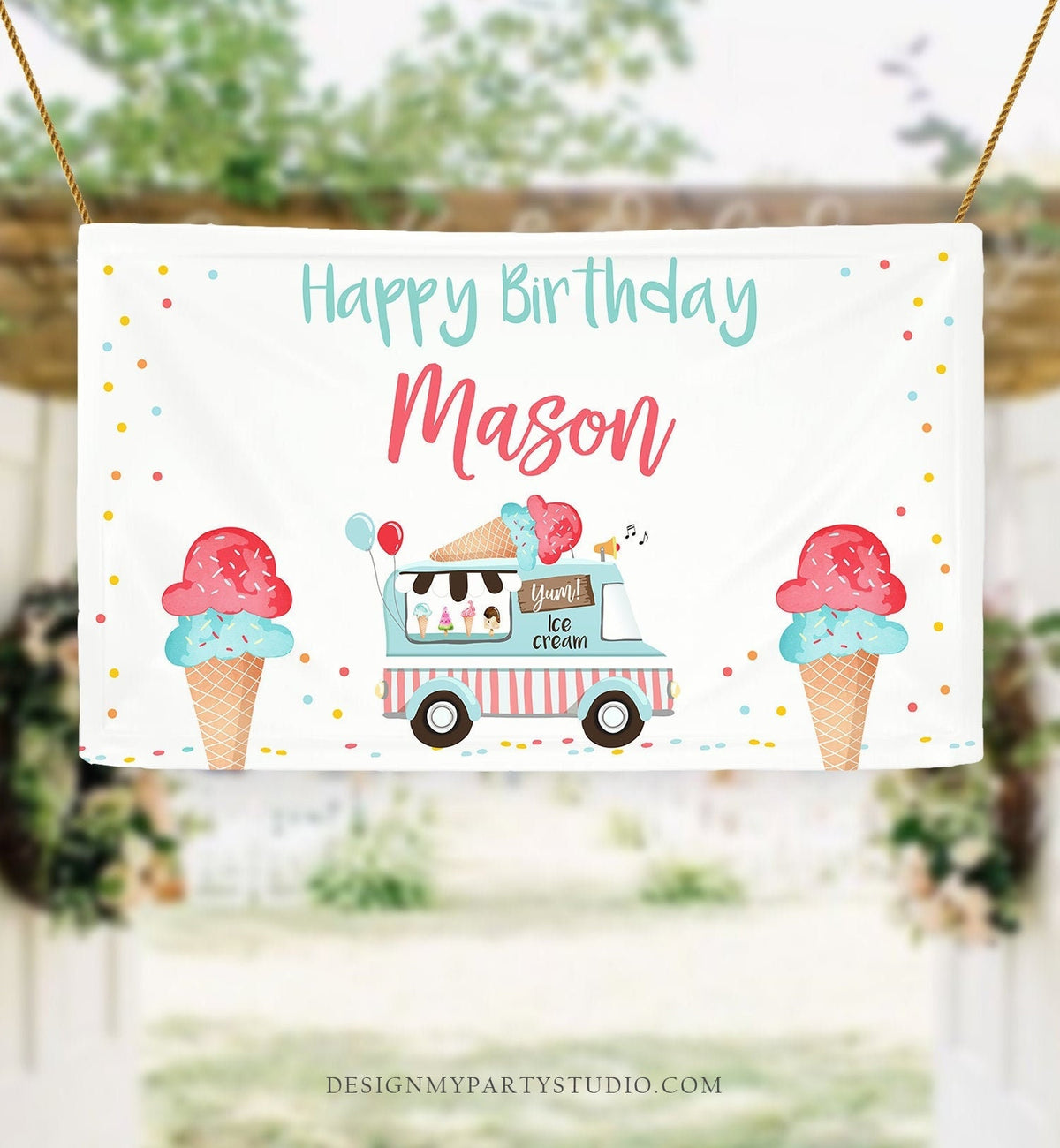 Editable Ice Cream Truck Birthday Backdrop Banner Welcome Ice Cream Party Boy Red Blue Ice Cream Sign Download Template Printable 0243