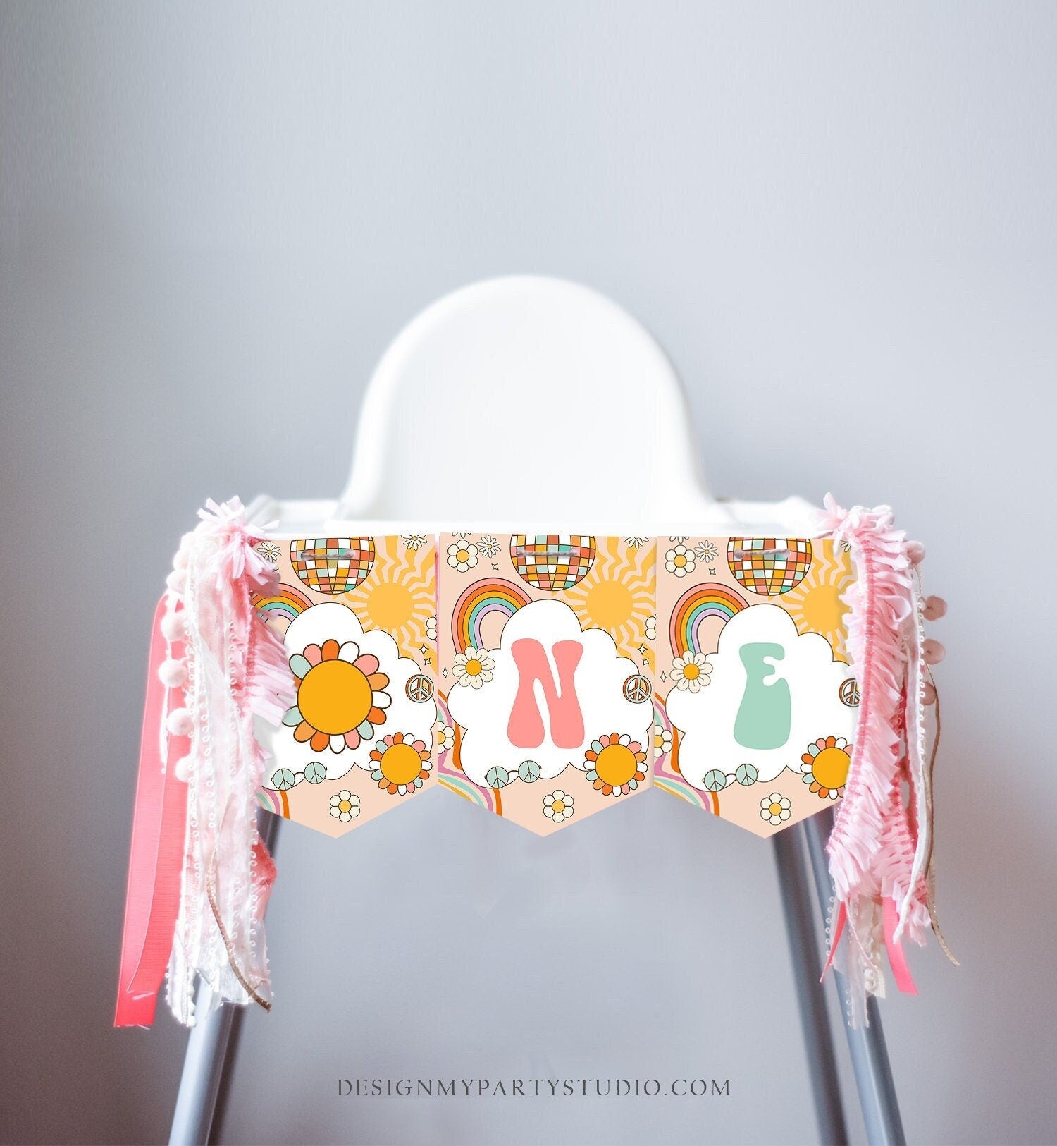 Groovy One High Chair Banner Retro Groovy Birthday Party 1st First Birthday Rainbow 70s Peace ONE Floral Boho Decor PRINTABLE Digital 0459