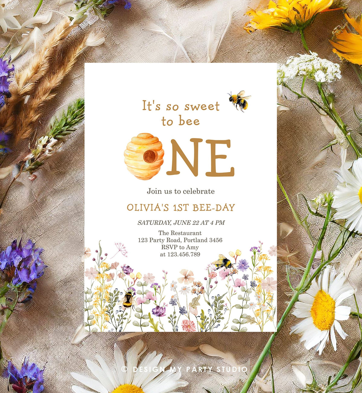 Editable Sweet to Bee One Invitation First Bee-Day Party 1st Bee Day Honey Girl First Birthday Bumble Bee Invitation Digital Corjl 0502