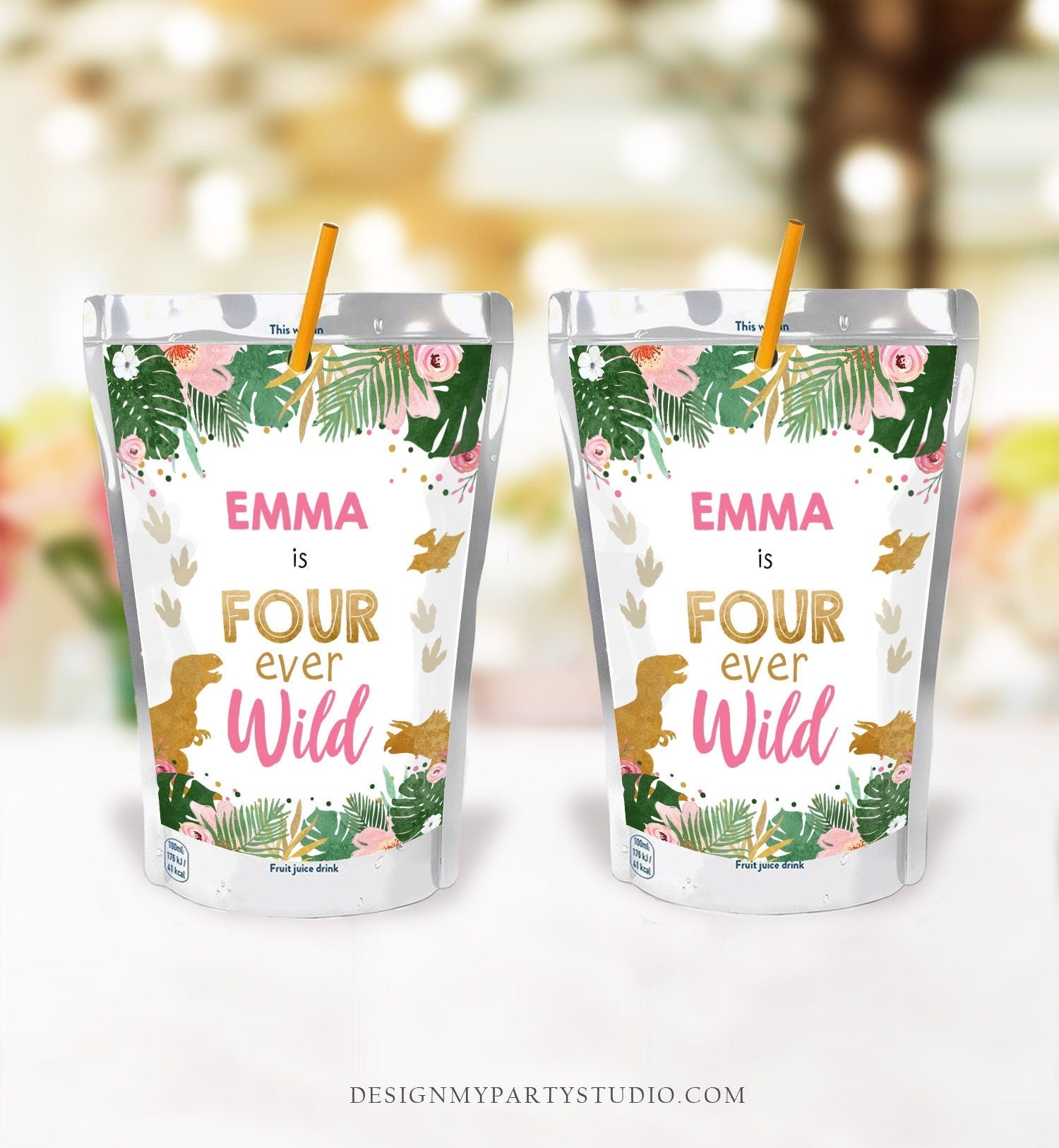 Editable Dinosaur Juice Pouch Label Juice Favors Gold Dino Girl Birthday T-Rex Four Ever Wild Digital Download Template Printable 0146