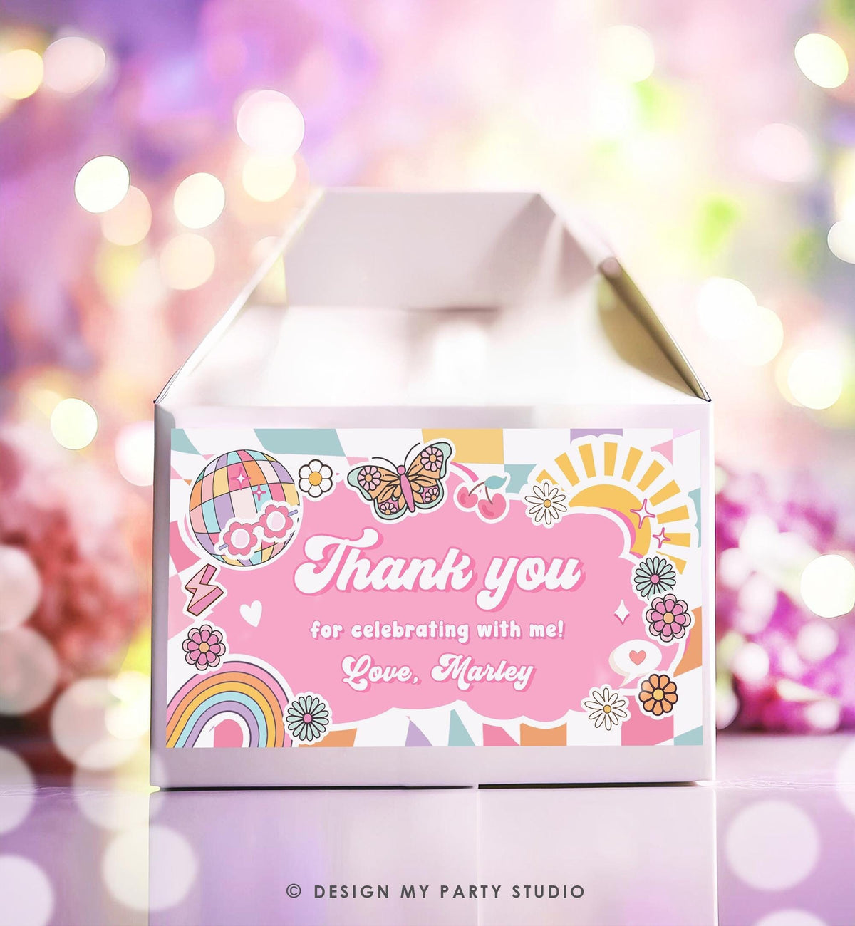 Editable Groovy Birthday Party Gable Box Favor Label Hippie 70&#39;s Gift Box Boho Rainbow Daisy Peace Love Digital Template Printable 0524