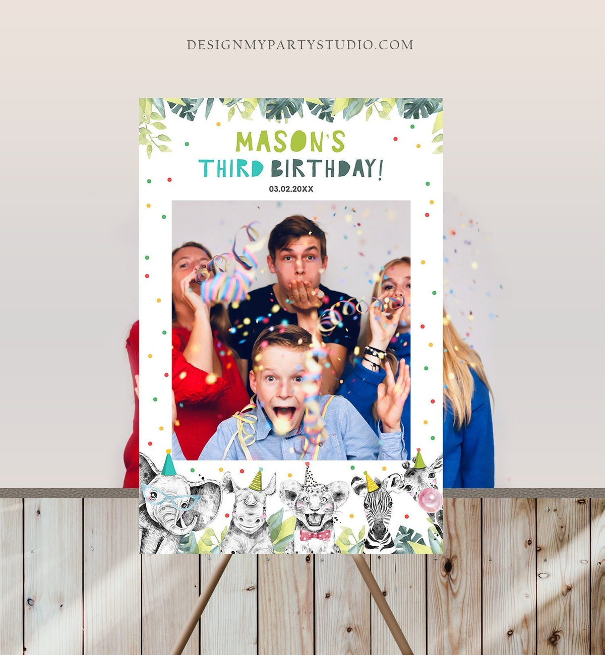 Editable Party Animals Birthday Photo Booth Sign Frame Safari Boy Birthday Wild One Party Photo Poster Decor Corjl Template Printable 0322