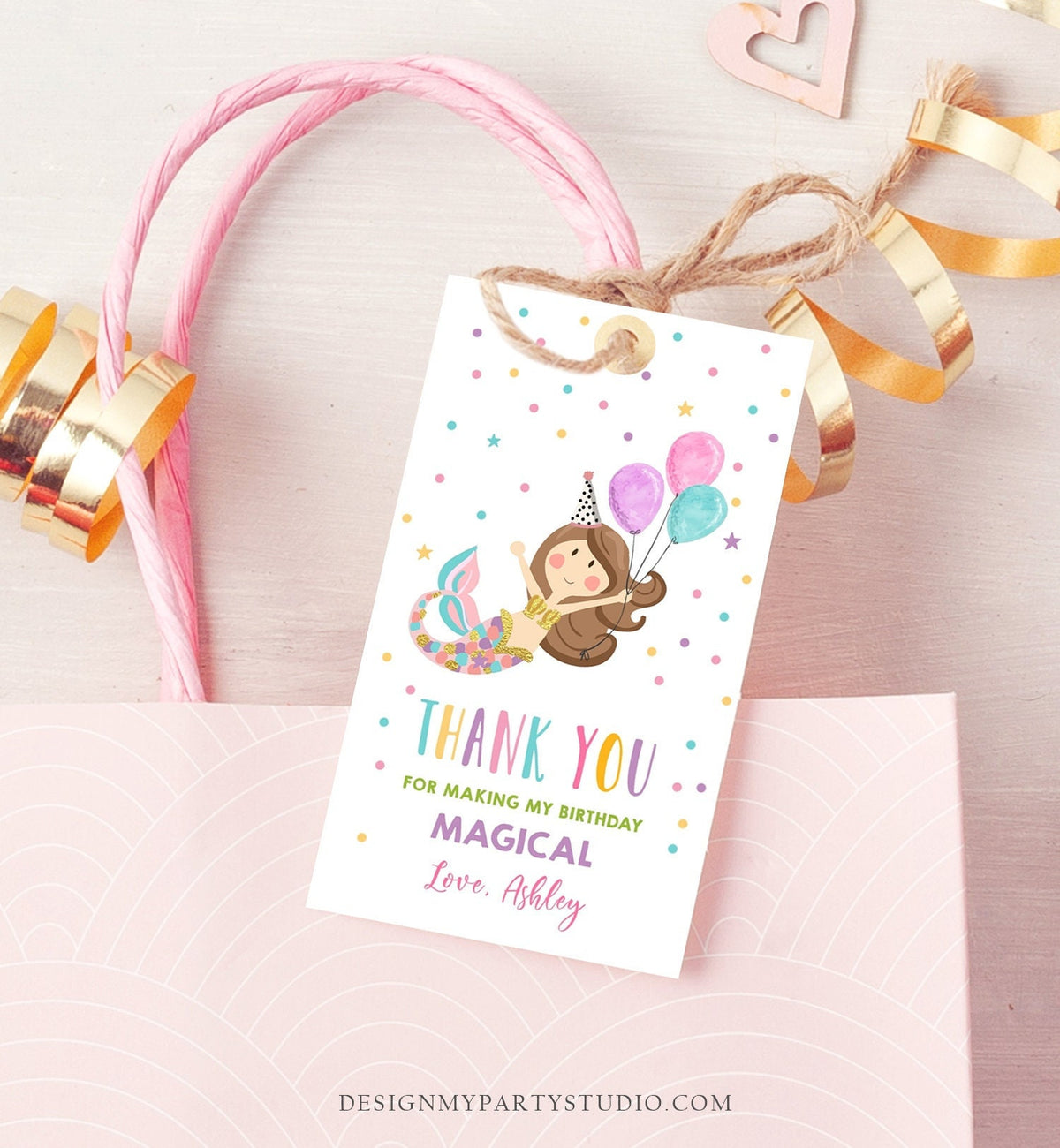 Editable Mermaid Favor Tag Birthday Party Favors Under the Sea Thank You Gift Tags Pink Girl Gold Balloons Corjl Template Printable 0338